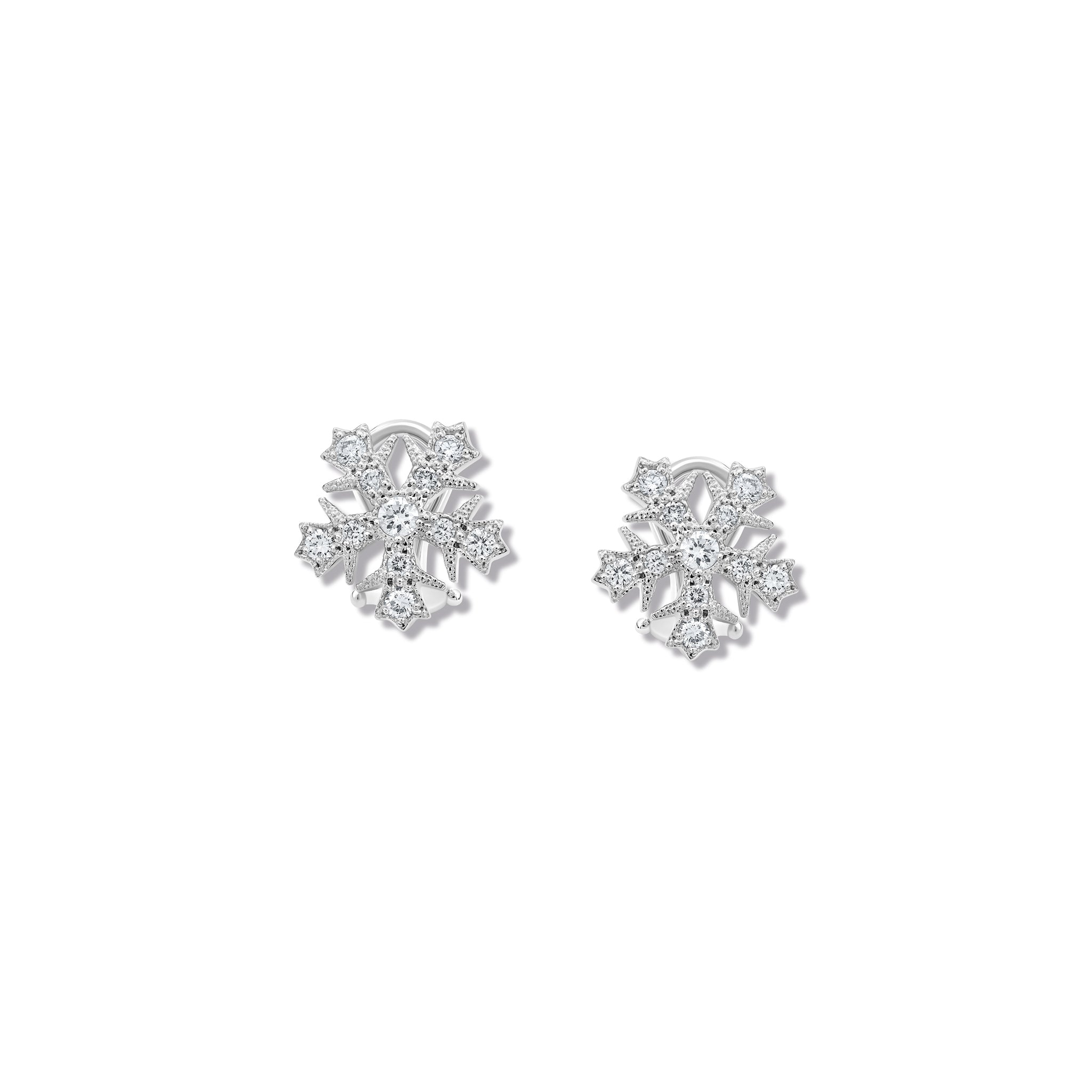 Handcrafted 18ct white gold snowflake shaped earrings with diamonds.
