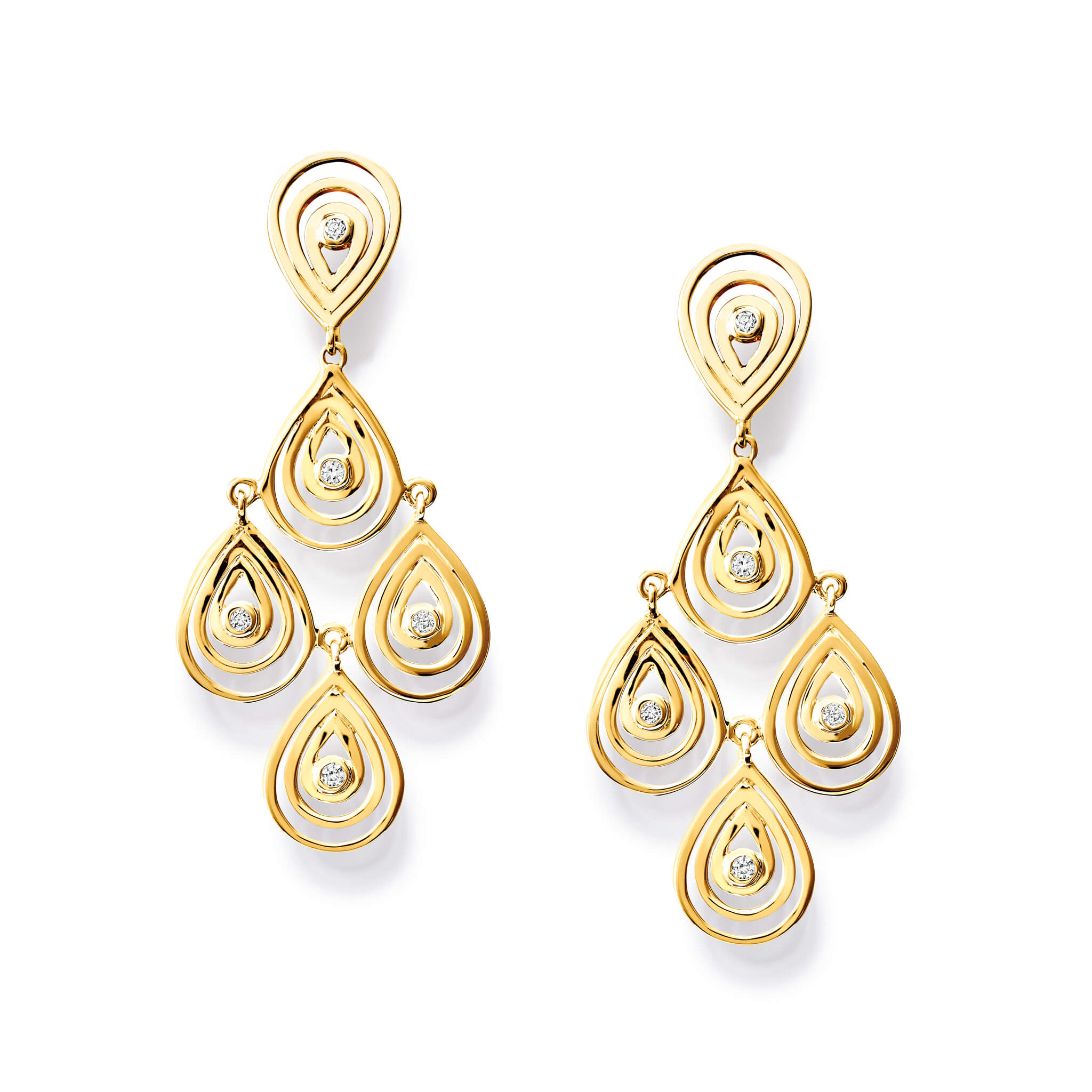 Handcrafted 9ct yellow gold earrings with 5 diamonds in a cascading teardrop outline.