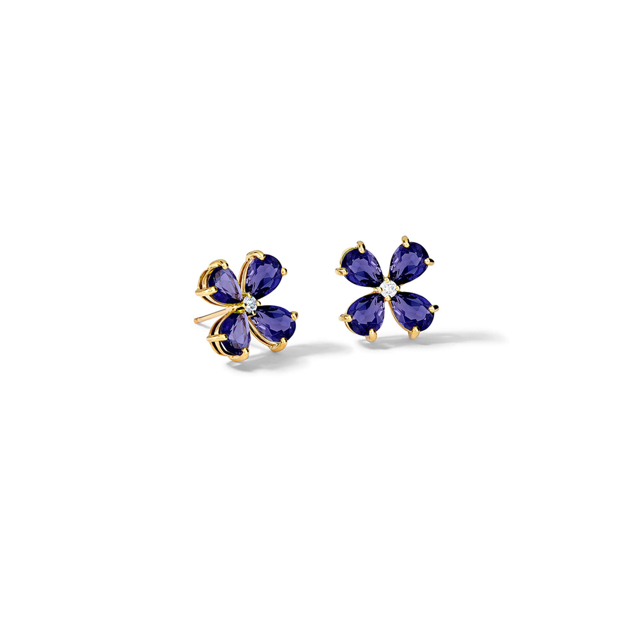 Handcrafted yellow gold four-leaf clover earring studs with iolite and diamond, symbolising faith, hope, love and luck