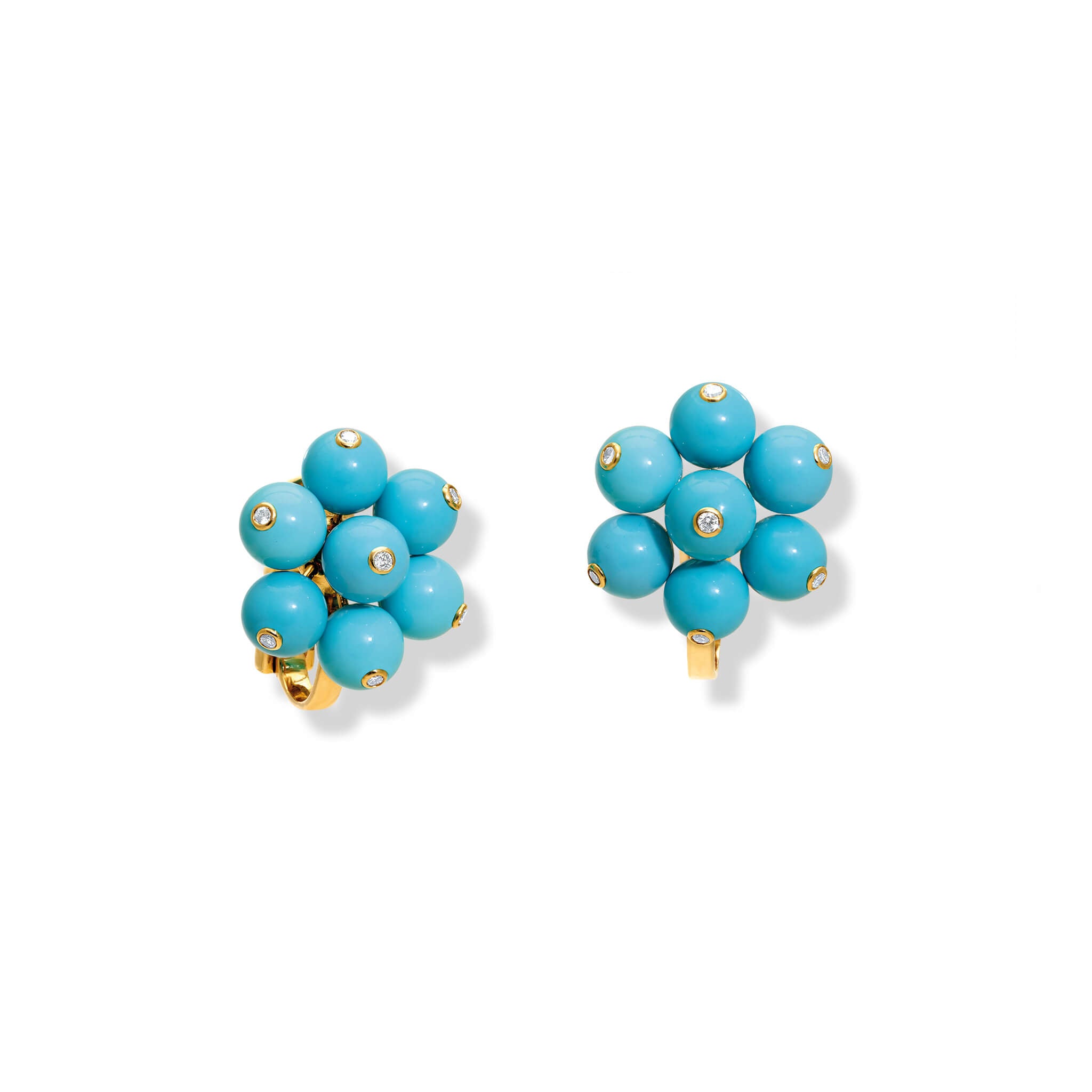 Handcrafted earrings in 18ct yellow gold featuring a cluster of turqouise beads, the birthstone of December. The beads are interspersed with small diamonds.