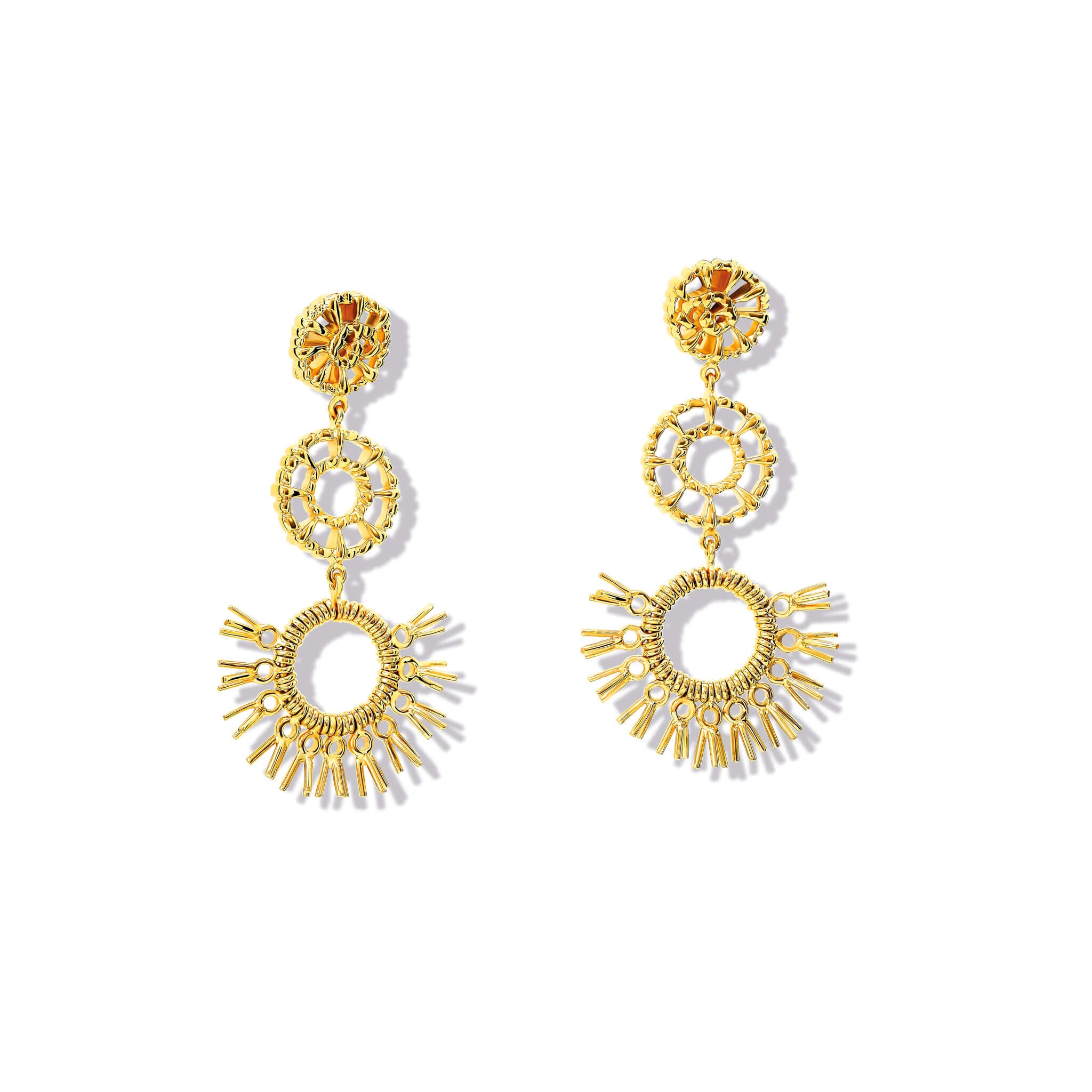 Handcrafted 9ct yellow gold earrings in the shape of dried palm fronds from Morocco.