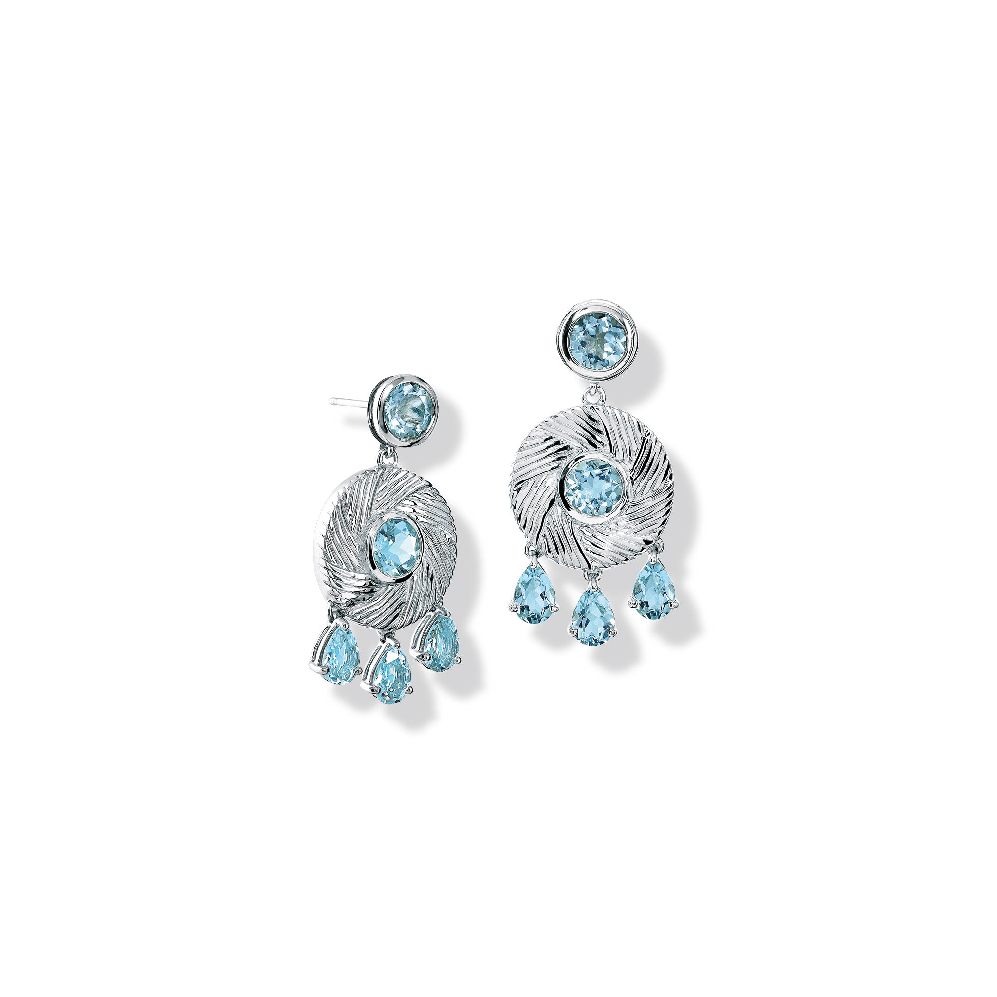 Handcrafted sterling silver earrings with a round design featuring engraved stripes, centered with a blue topaz, and accented by three dangling blue topaz drops.