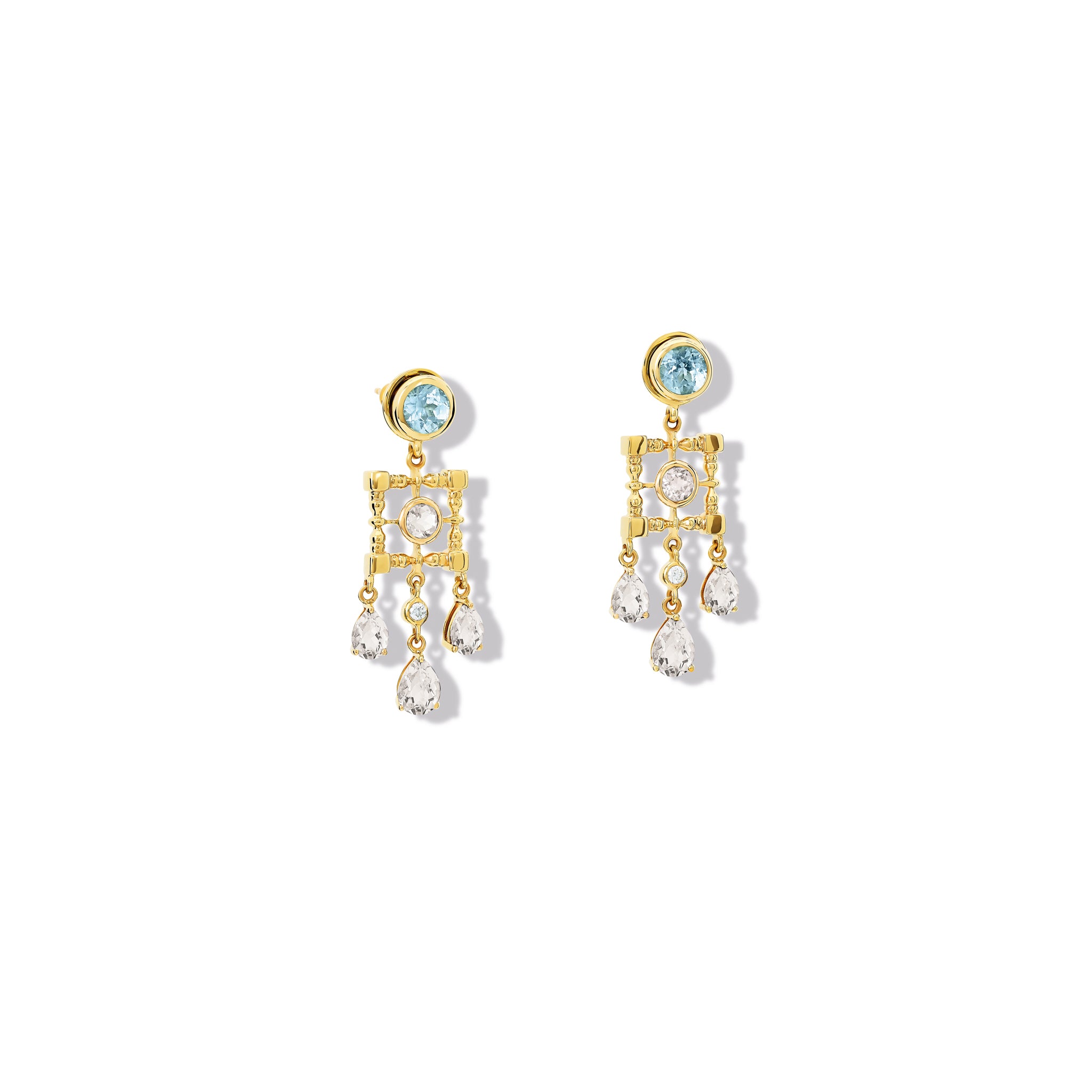 Handcrafted yellow gold halo earring drops featuring drops of white sapphire and diamond.
