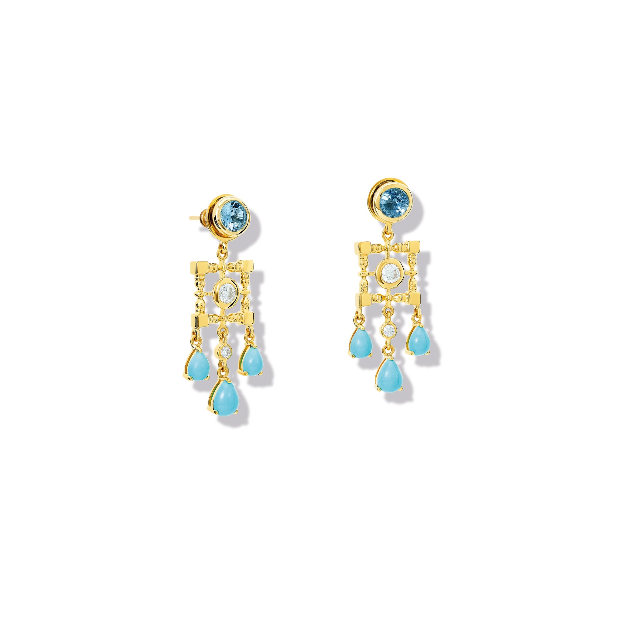 Handcrafted yellow gold halo earring drops featuring drops of turquoise and diamond.