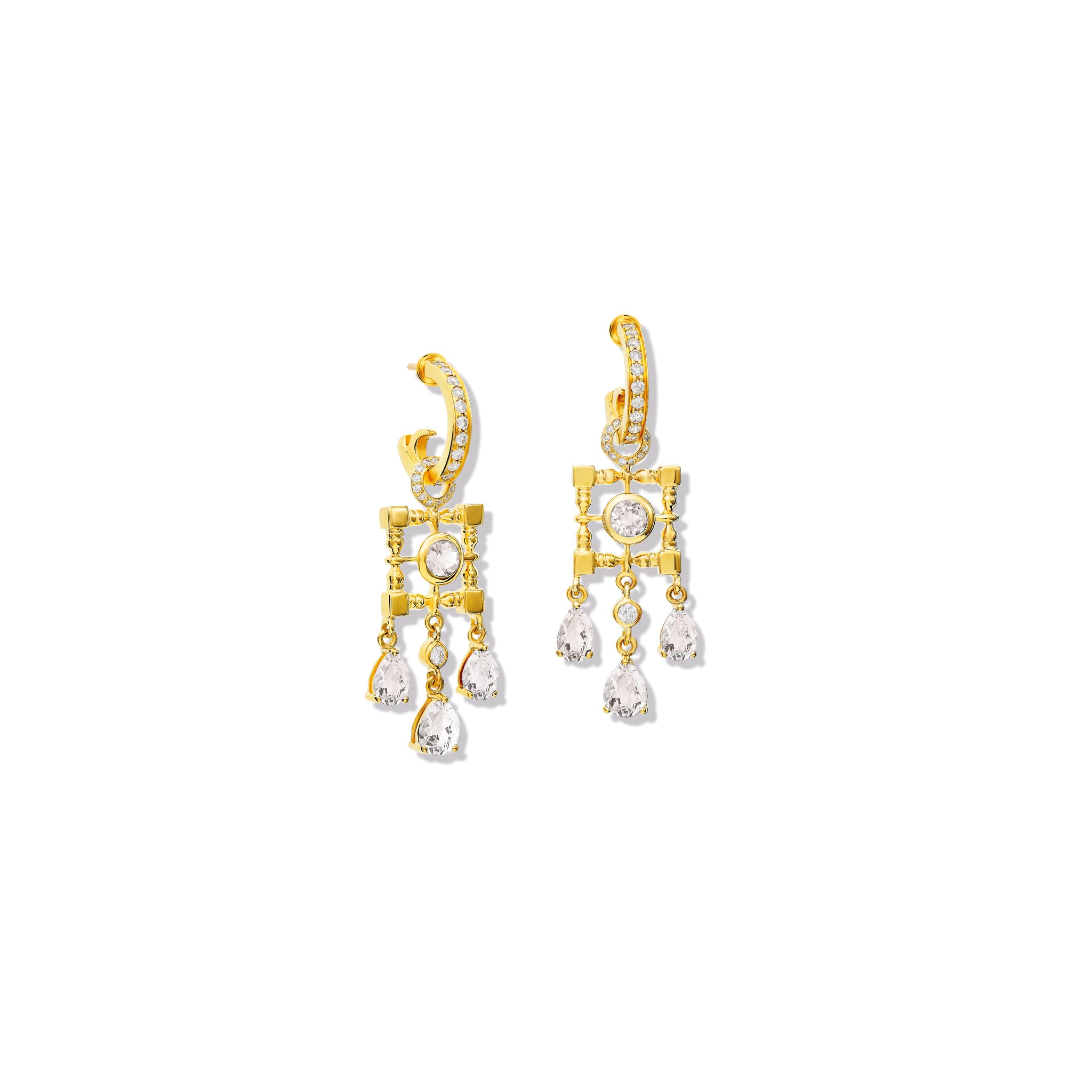 Handcrafted yellow gold earring drops featuring a square frame and drop gemstones of white sapphire and diamond.