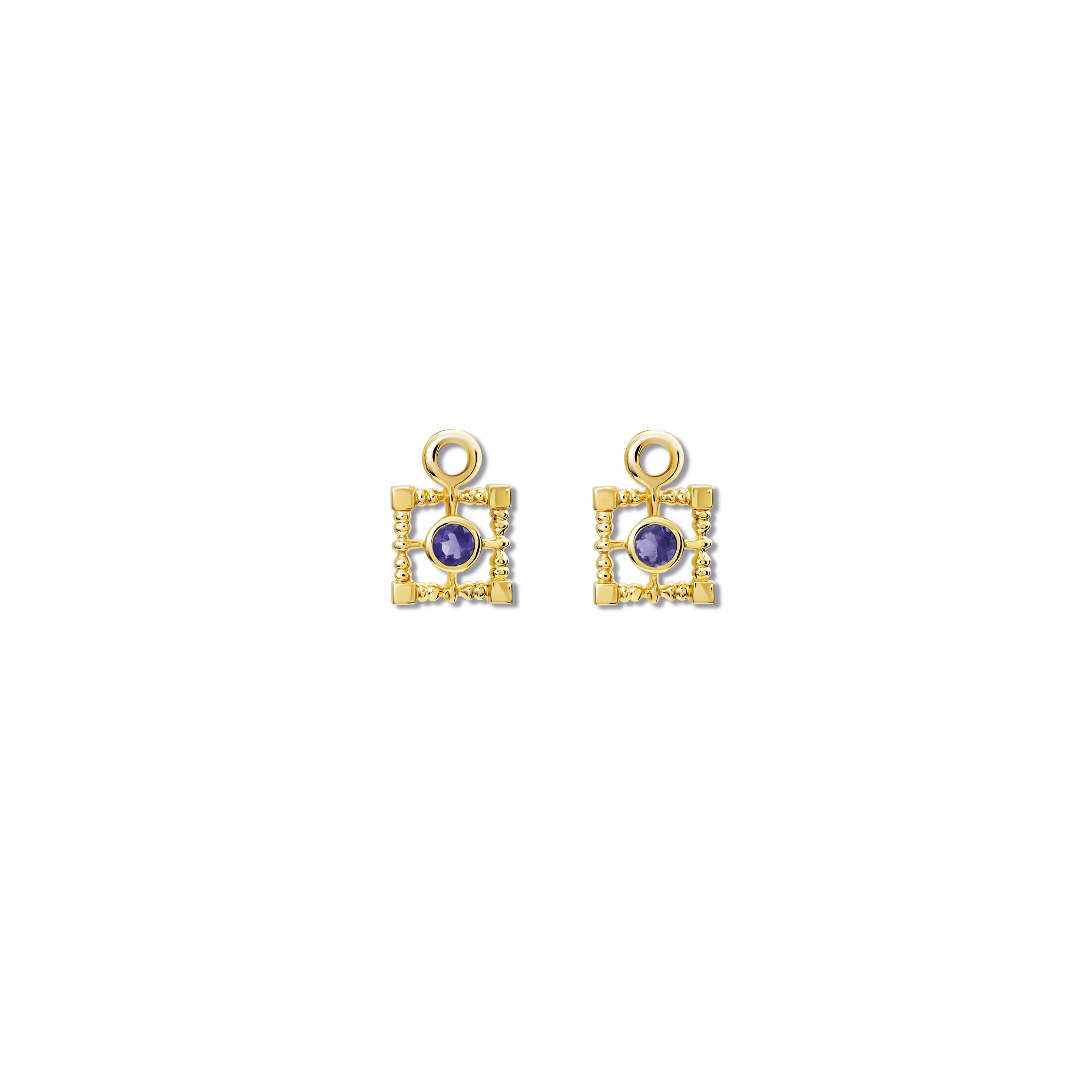 Handcrafted yellow gold earring drops featuring a square-shaped frame with a central iolite. 