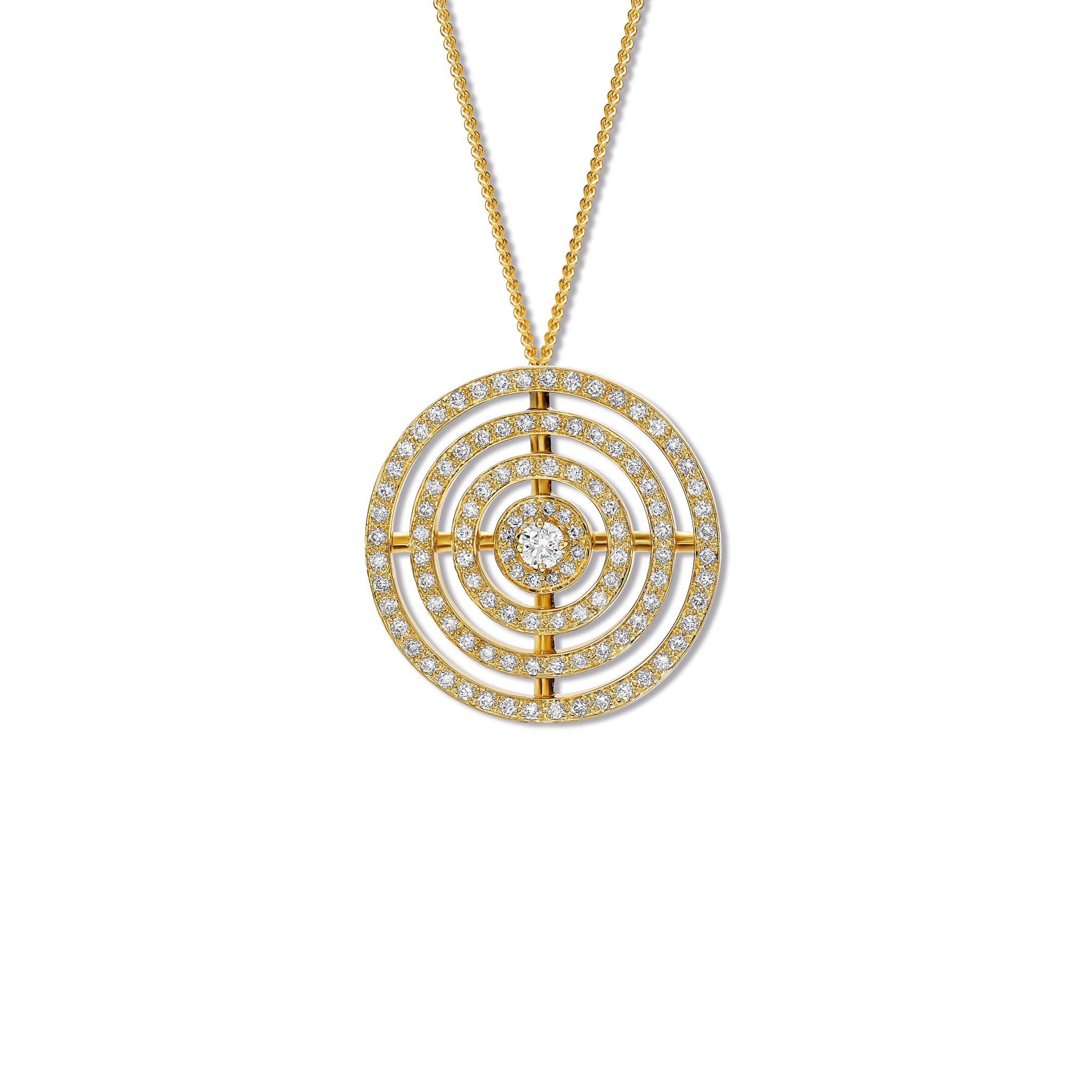 Handcrafted 18ct yellow gold necklace pendant featuring three rows of circles with diamonds.