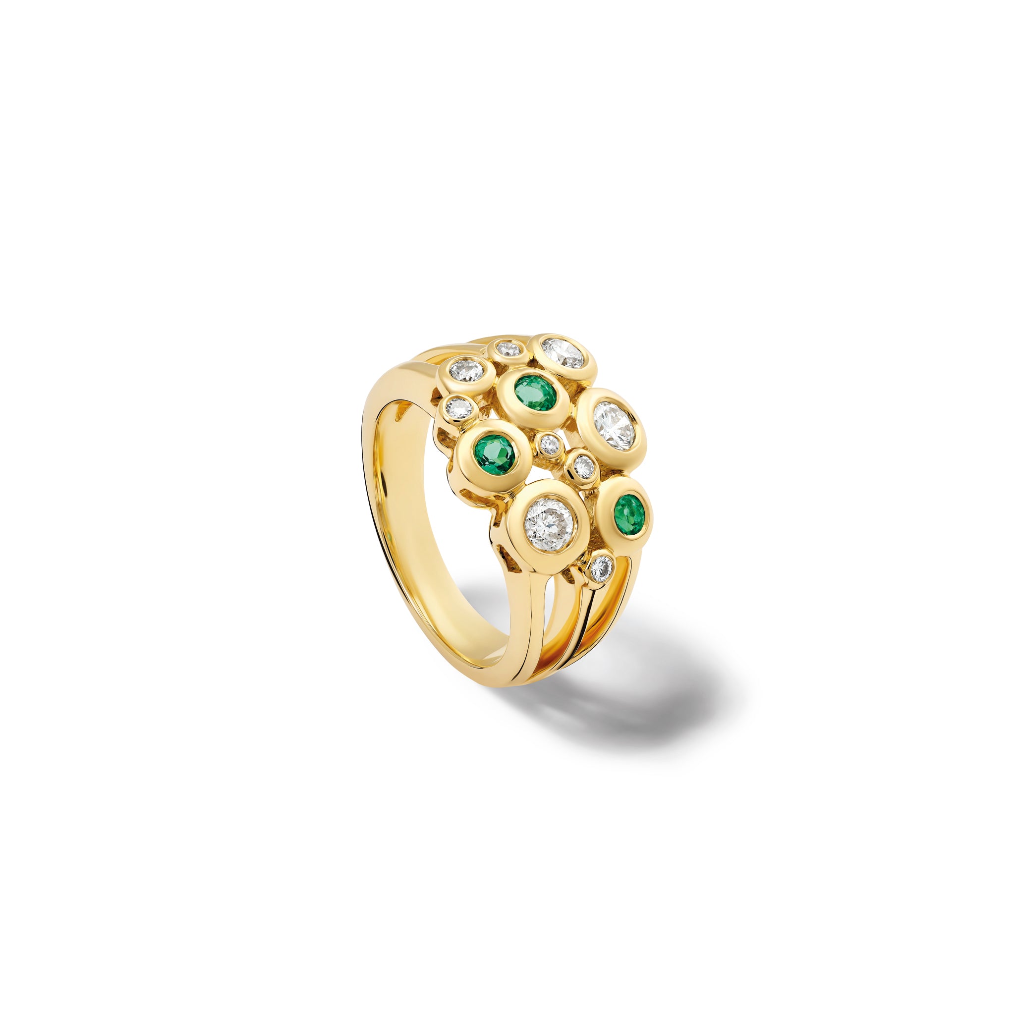 Handcrafted 18ct yellow gold ring featuring different sized round emeralds and diamonds. 