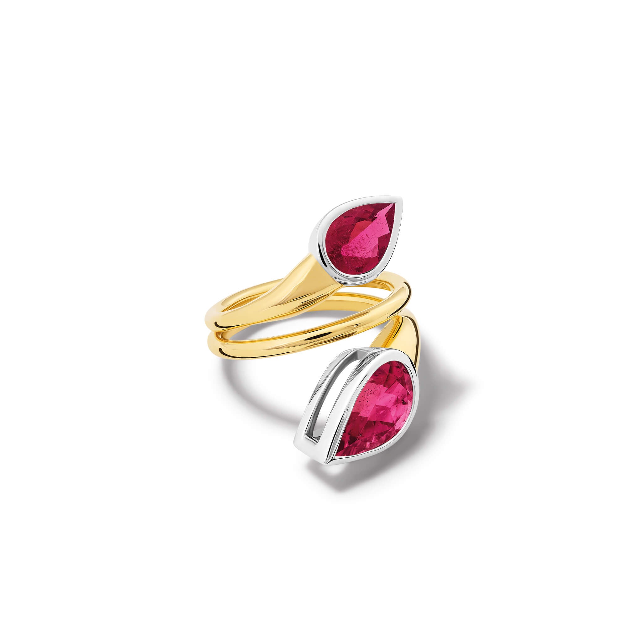 Handcrafted 18ct yellow and white gold swirl ring featuring teardrop shaped pink tourmaline at each end, october birthstone