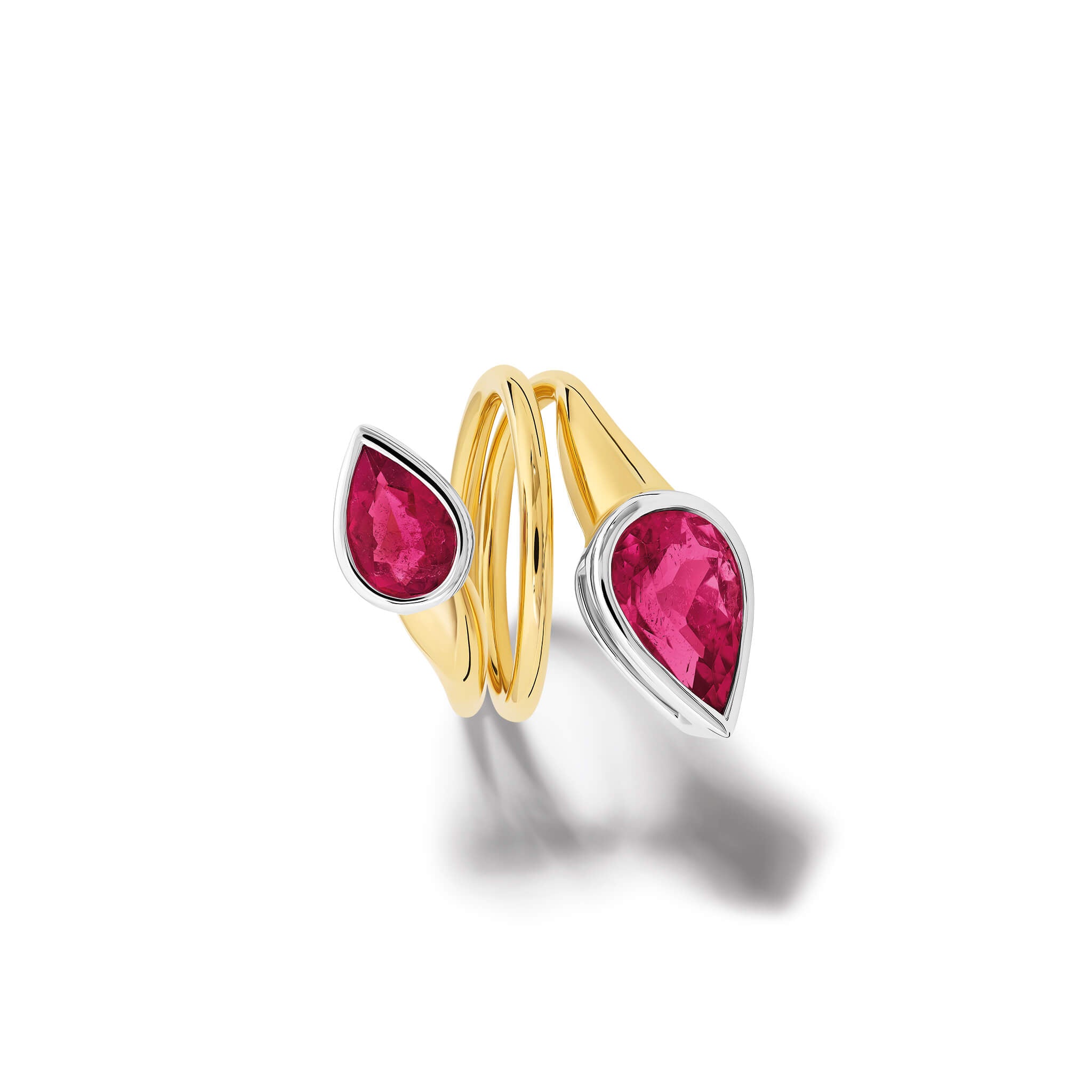 Handcrafted 18ct yellow and white gold swirl ring featuring teardrop shaped pink tourmaline at each end, october birthstone