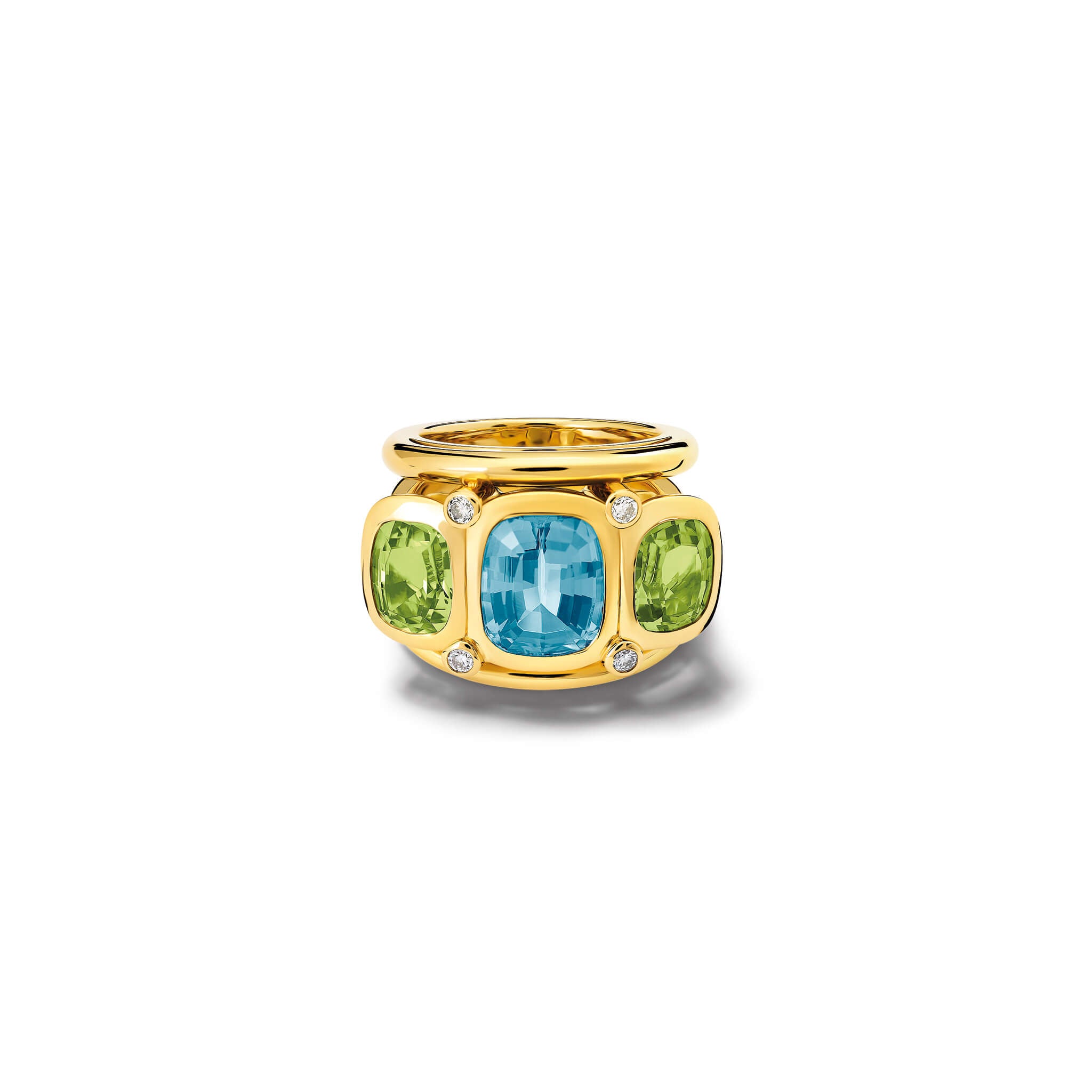 Handcrafted 18ct yellow gold ring featuring rectangular shaped blue topaz, peridot and diamonds.