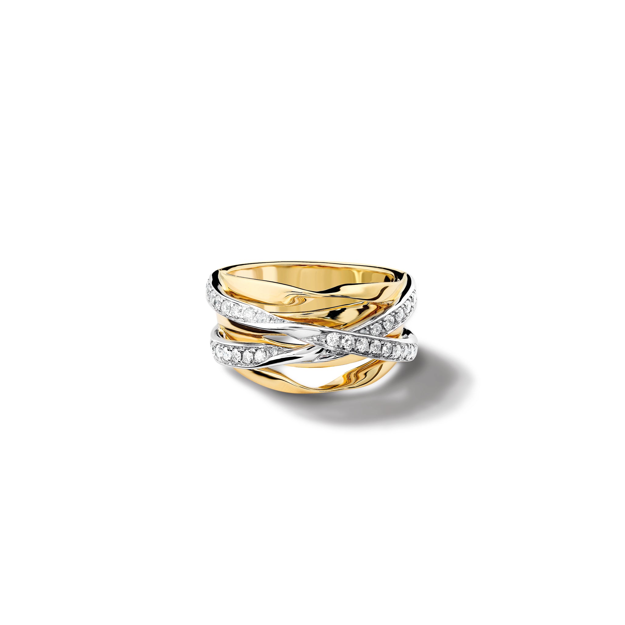 Handcrafted 18ct yellow and white gold ring featuring a nest of tagliatelle with diamonds.
