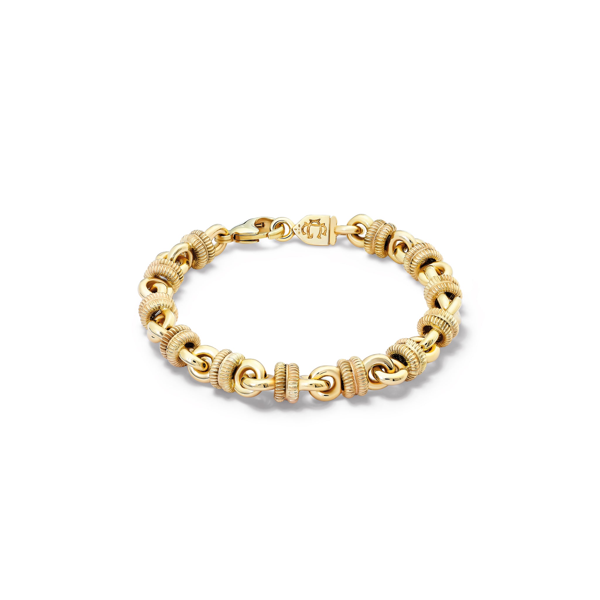 Handcrafted 9ct yellow gold bracelet featuring alternating textured metal links.