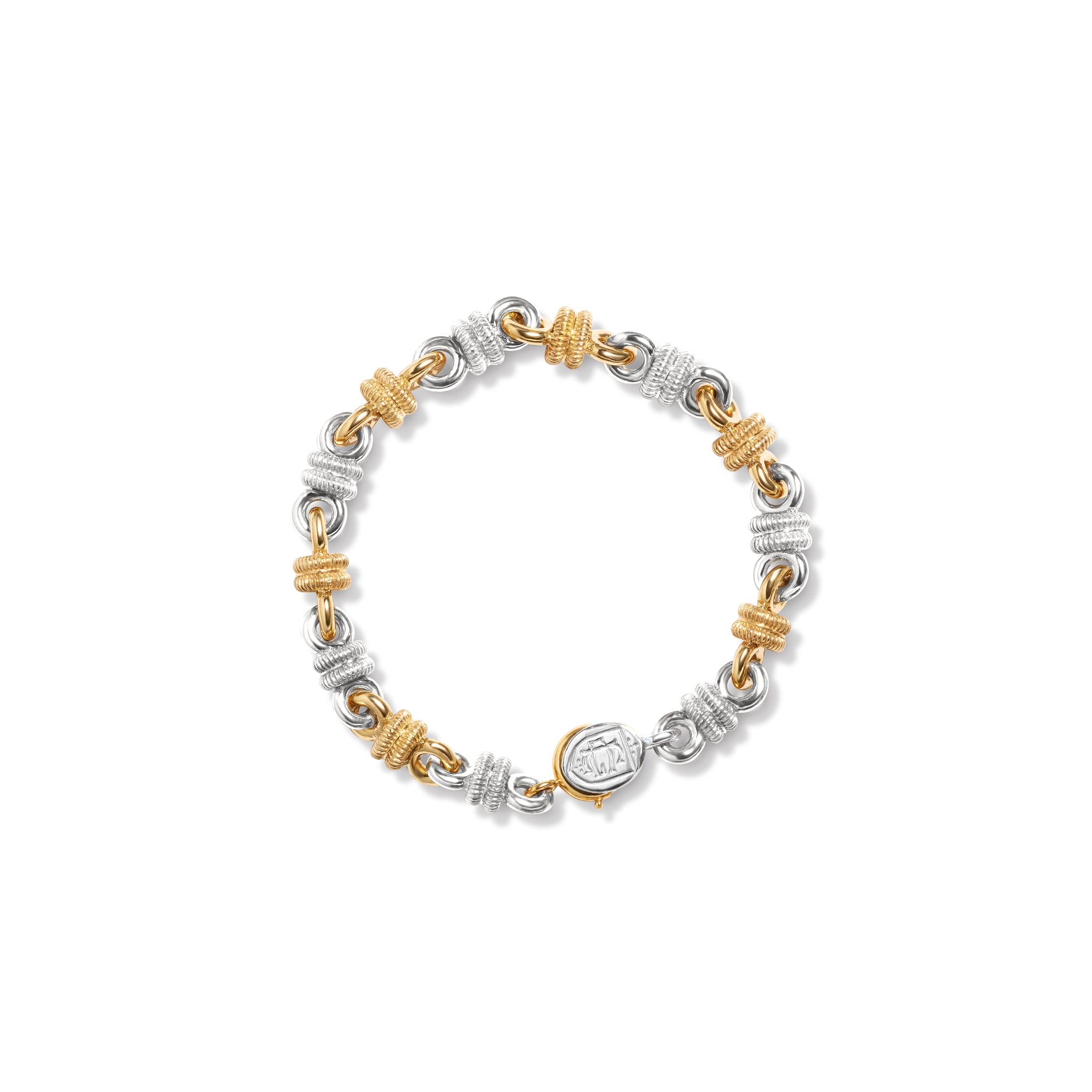 Handcrafted yellow gold and sterling silver bracelet featuring alternating textured metal links.