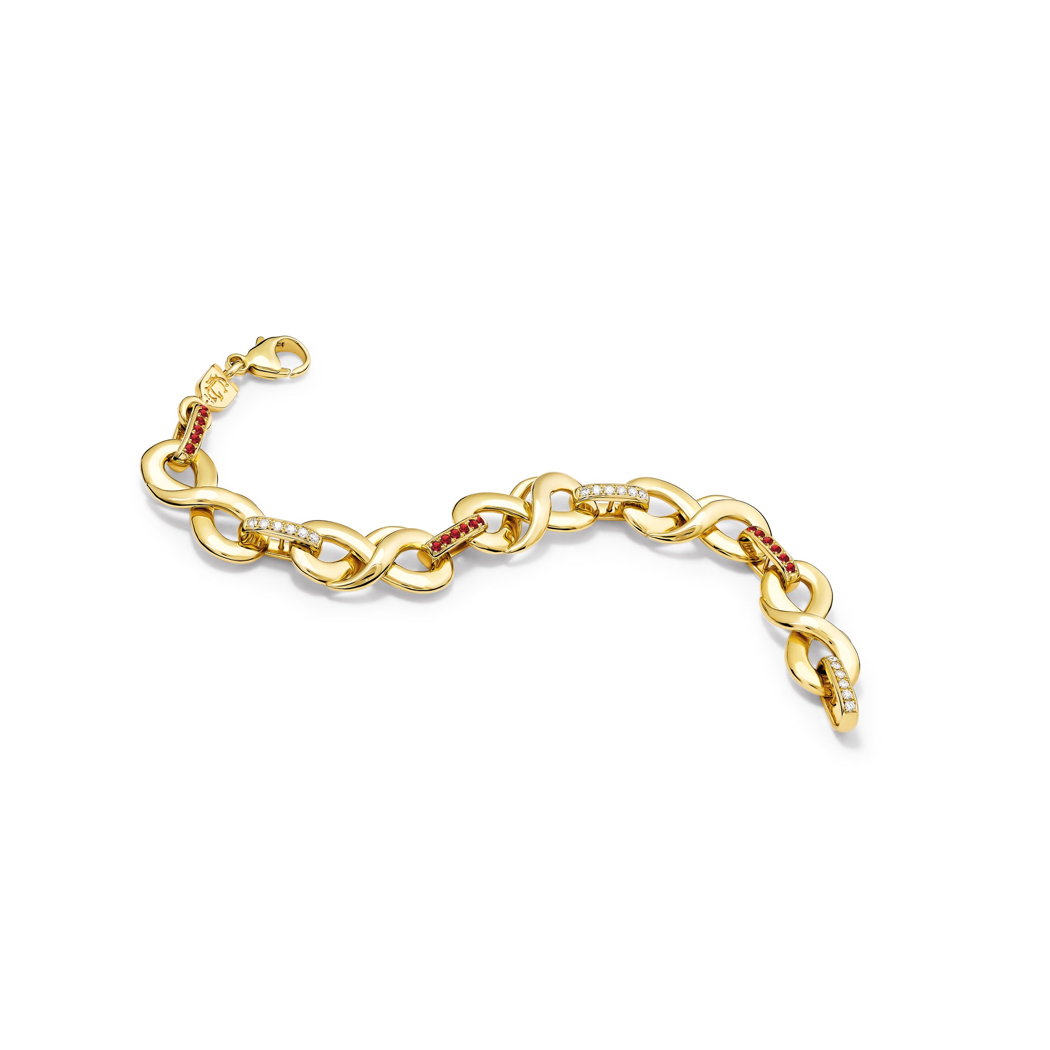 Handcrafted yellow gold bracelet featuring 's' shaped links with ruby and diamond.
