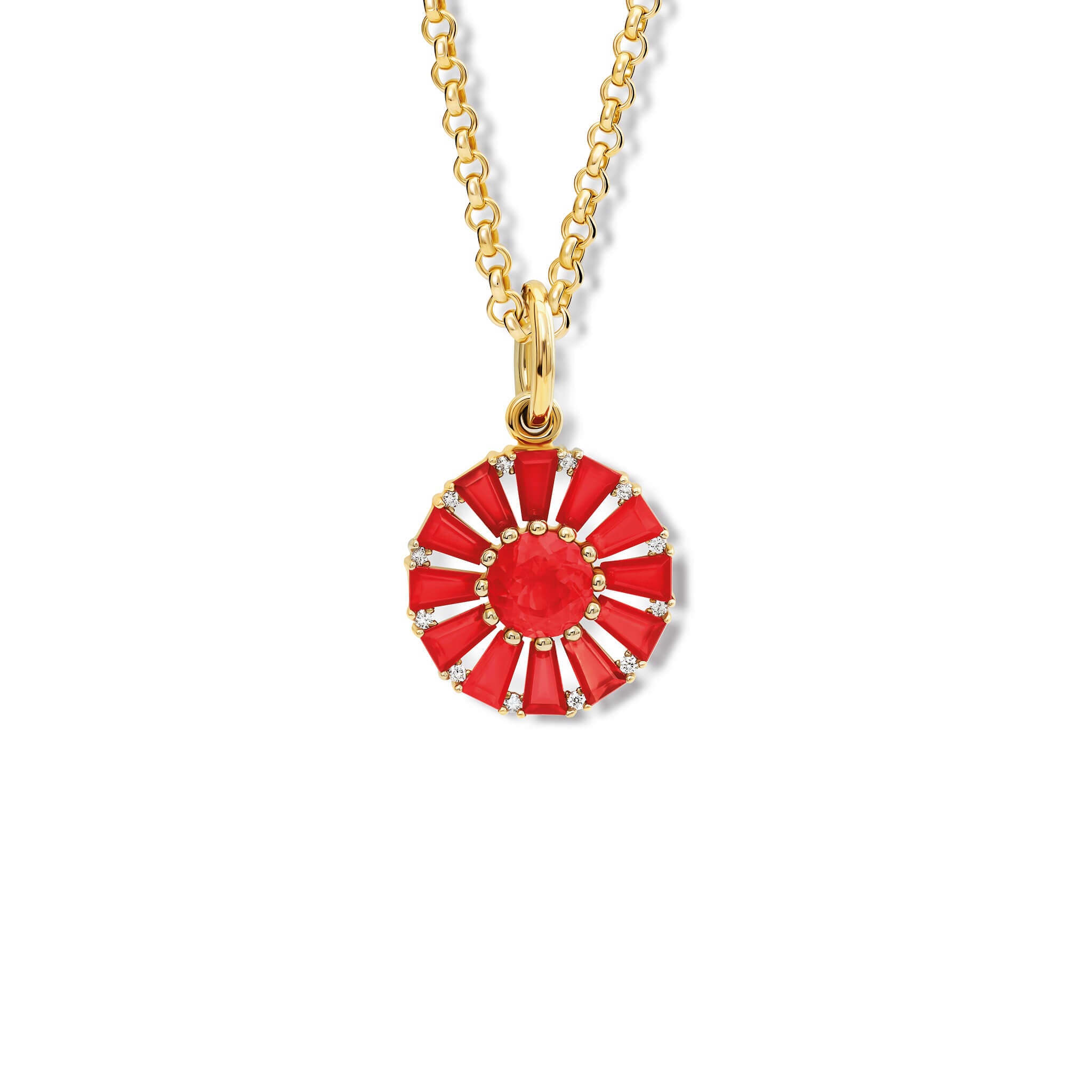 Handcrafted yellow gold necklace pendant featuring a circular arrangement of orange   cornelian and a central fire opal interspaced with diamonds.