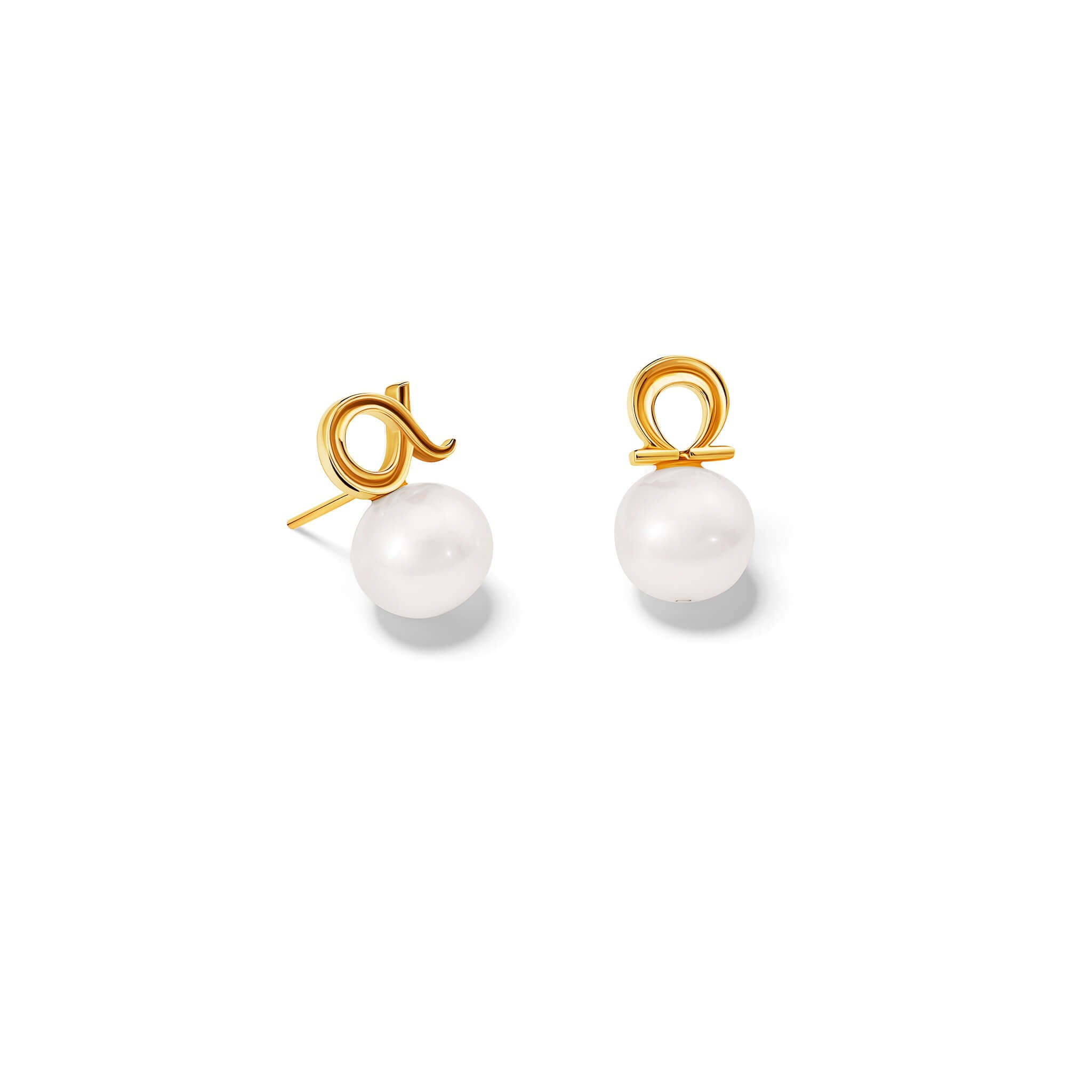 Handcrafted silver pair of studs : one stud is the shaped of alpha Greek letter and the other omega letter.  Both with white pearl bead.