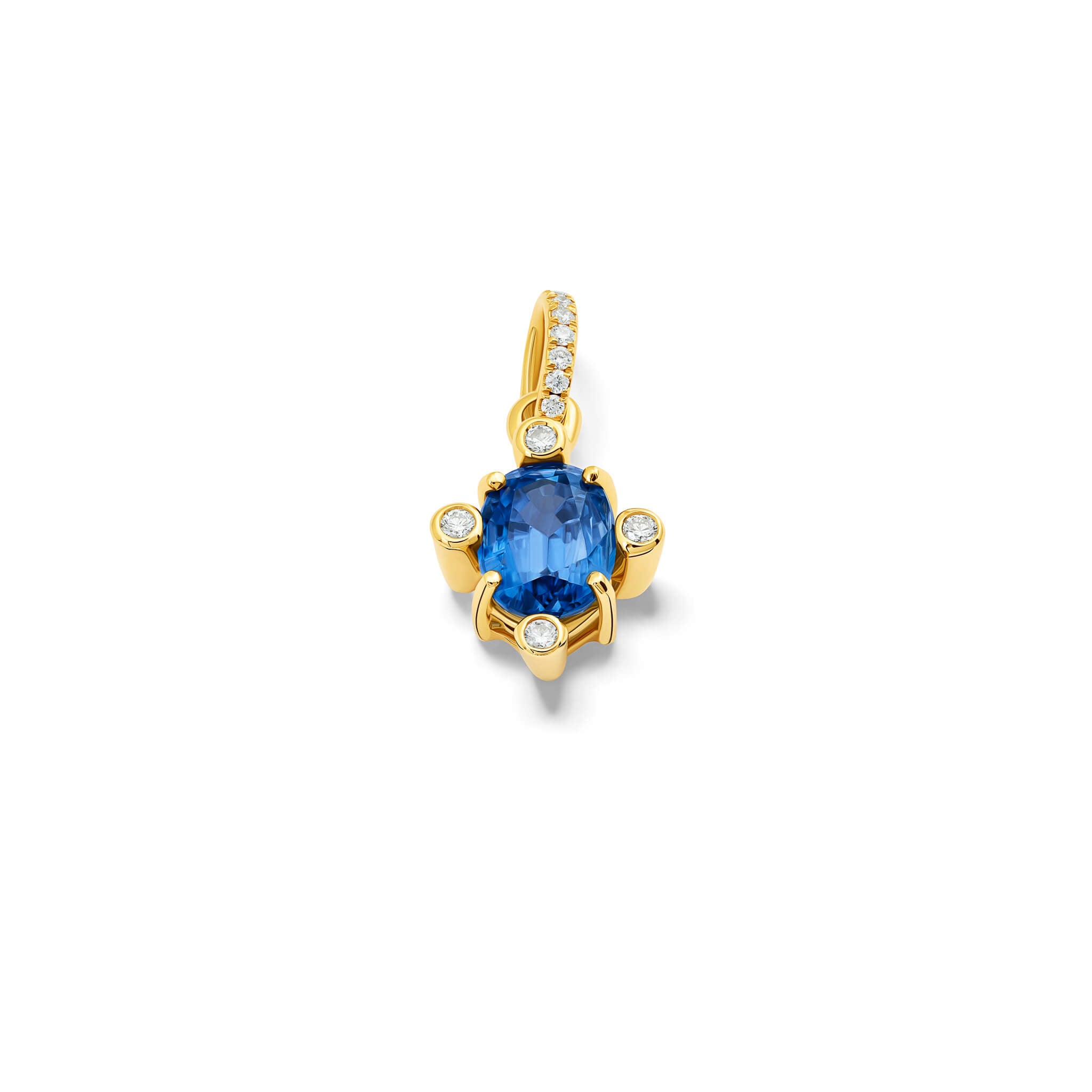 Handcrafted 18ct yellow gold Compass pendant with kyanite set with four diamonds and a yellow gold diamond pav? loop.