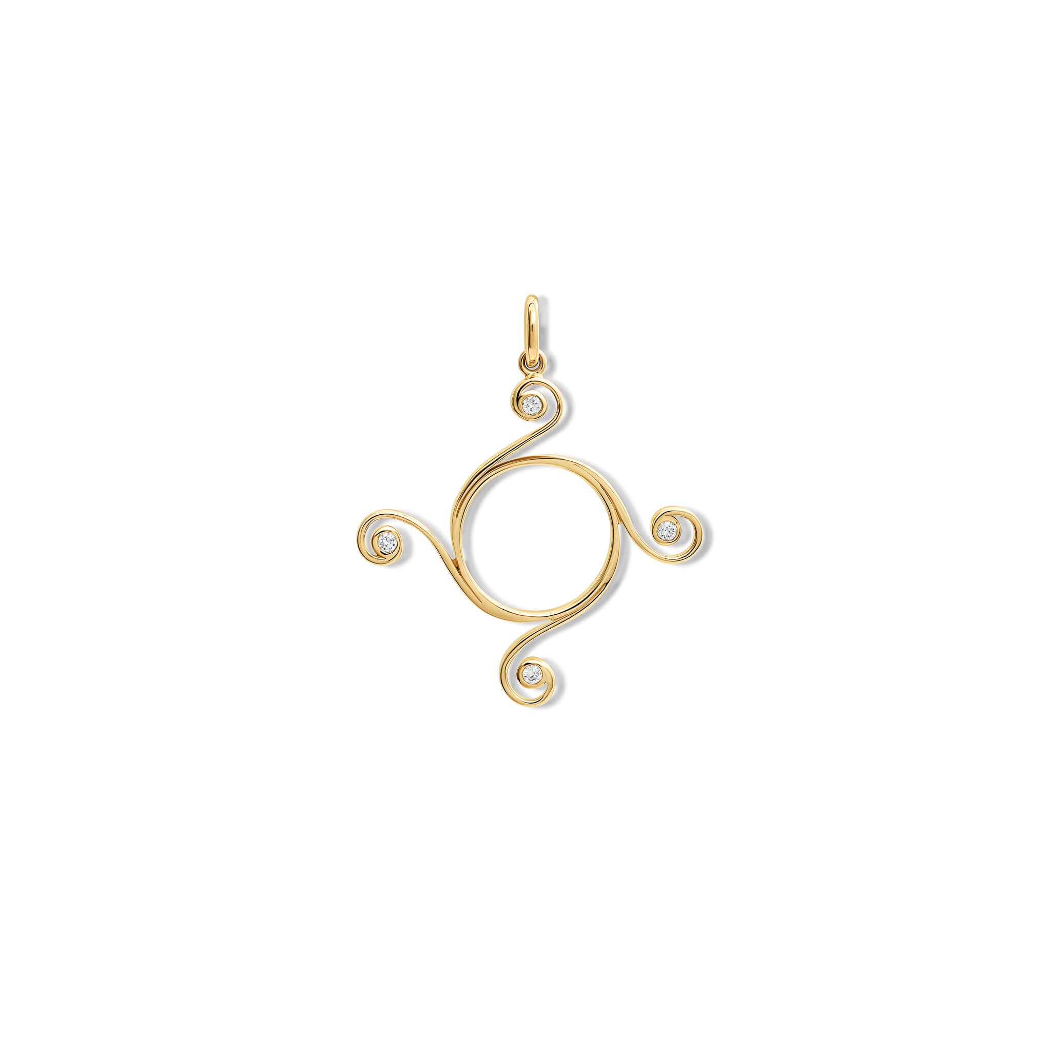 Handcrafted yellow gold Athena necklace pendant with a circular shape and spiral at four points, hanging on gold chain with diamonds.