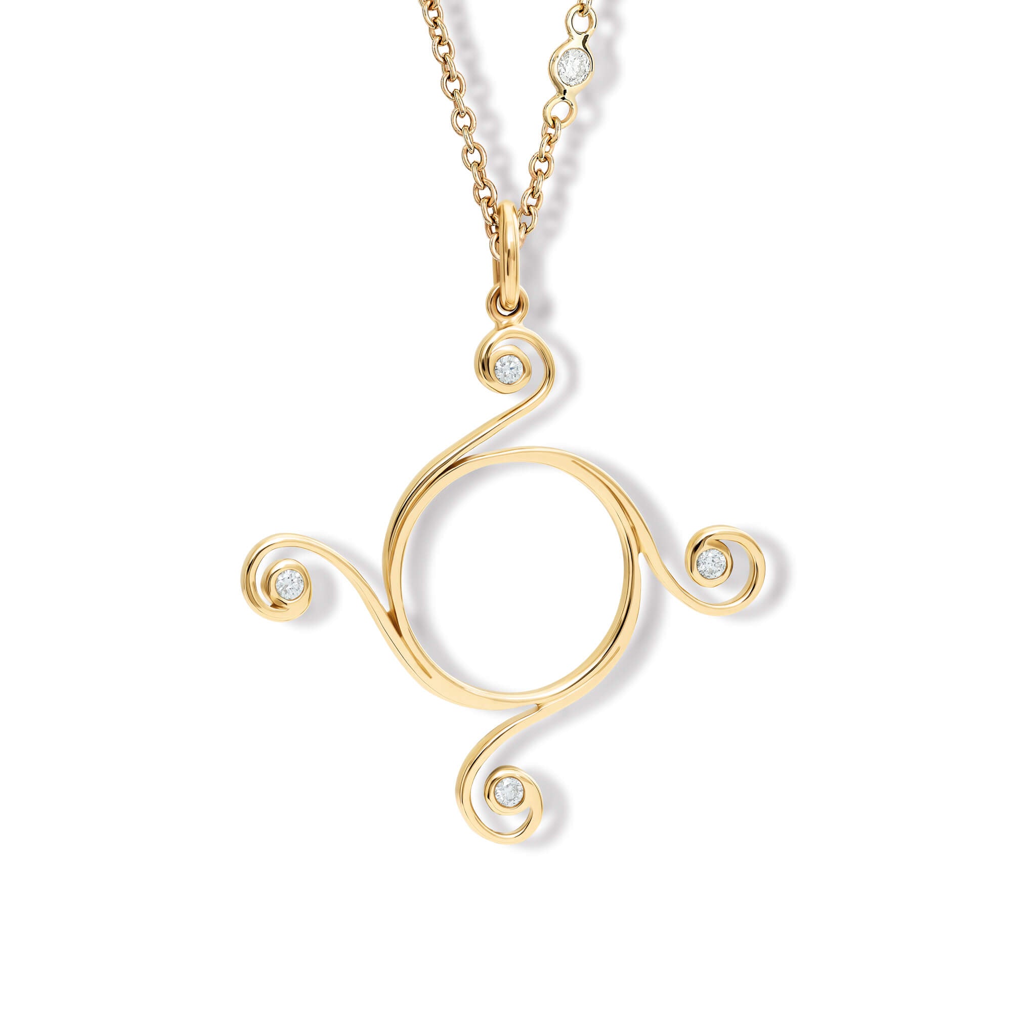 Handcrafted yellow gold Athena necklace pendant with a circular shape and spiral at four points, hanging on gold chain with diamonds.