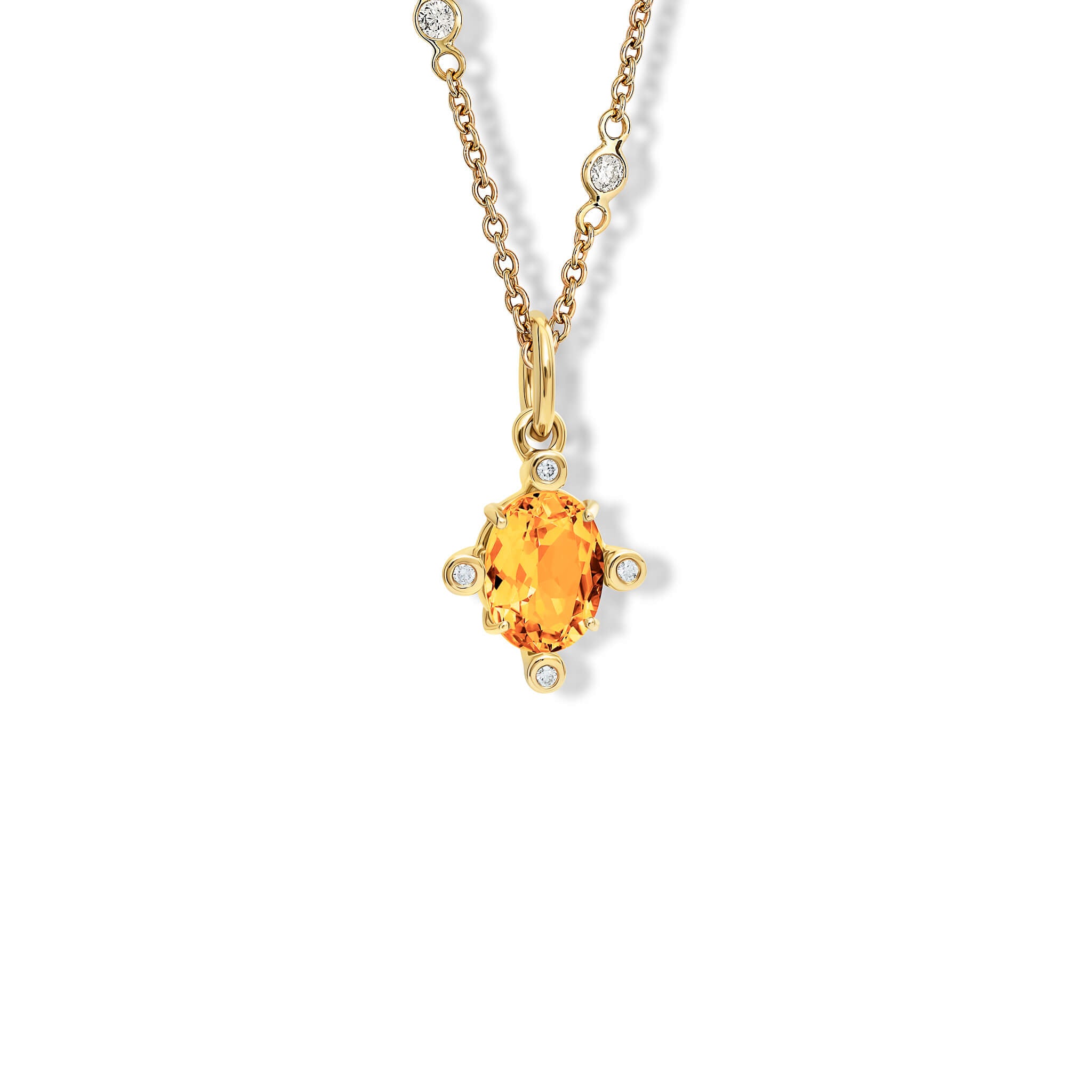 Handcrafted Compass medium pendant 9ct yellow gold with citrine set with four diamonds. On gold chain with diamonds.