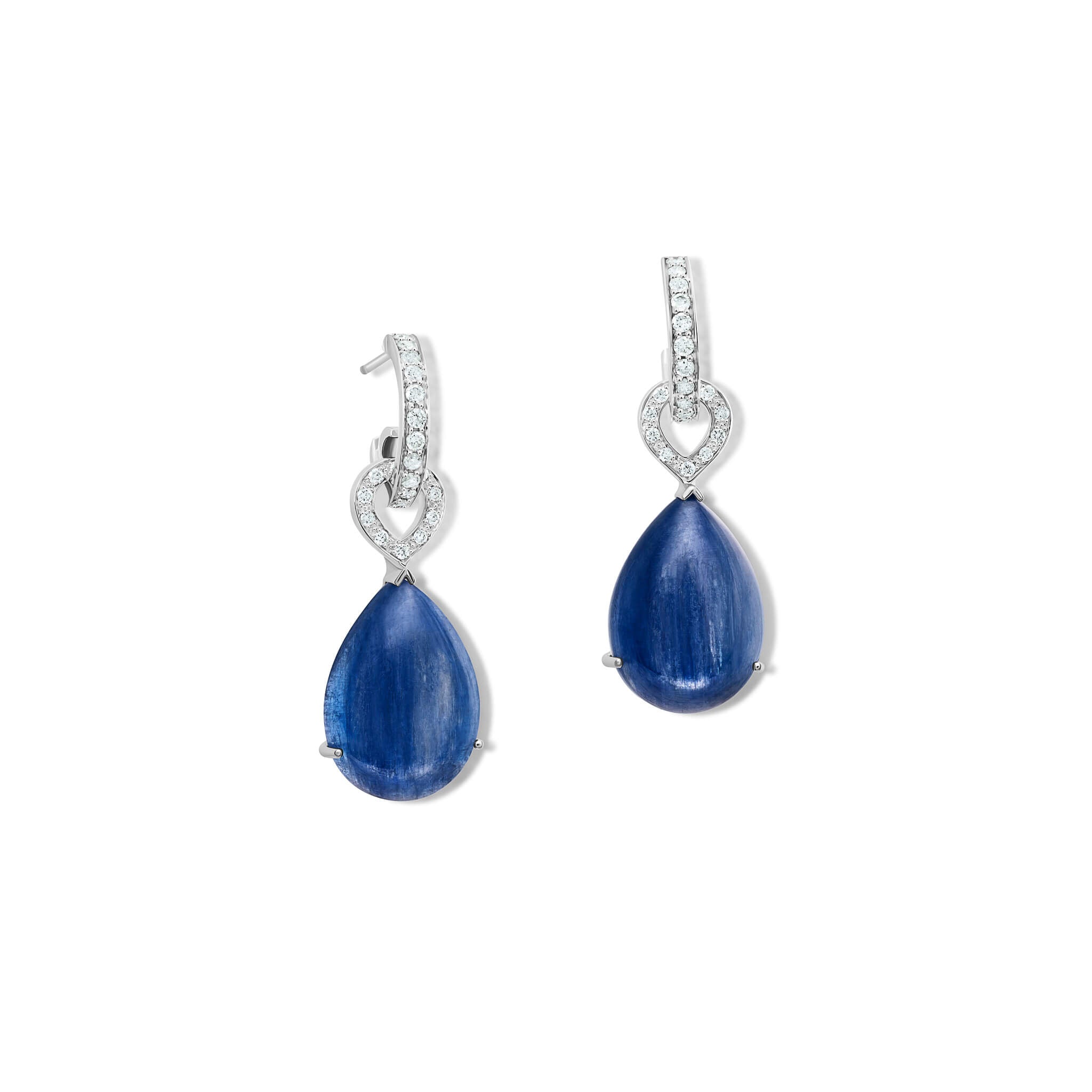 Handcrafted 18ct white gold earring drops featuring drops of blue kyanite with diamonds.