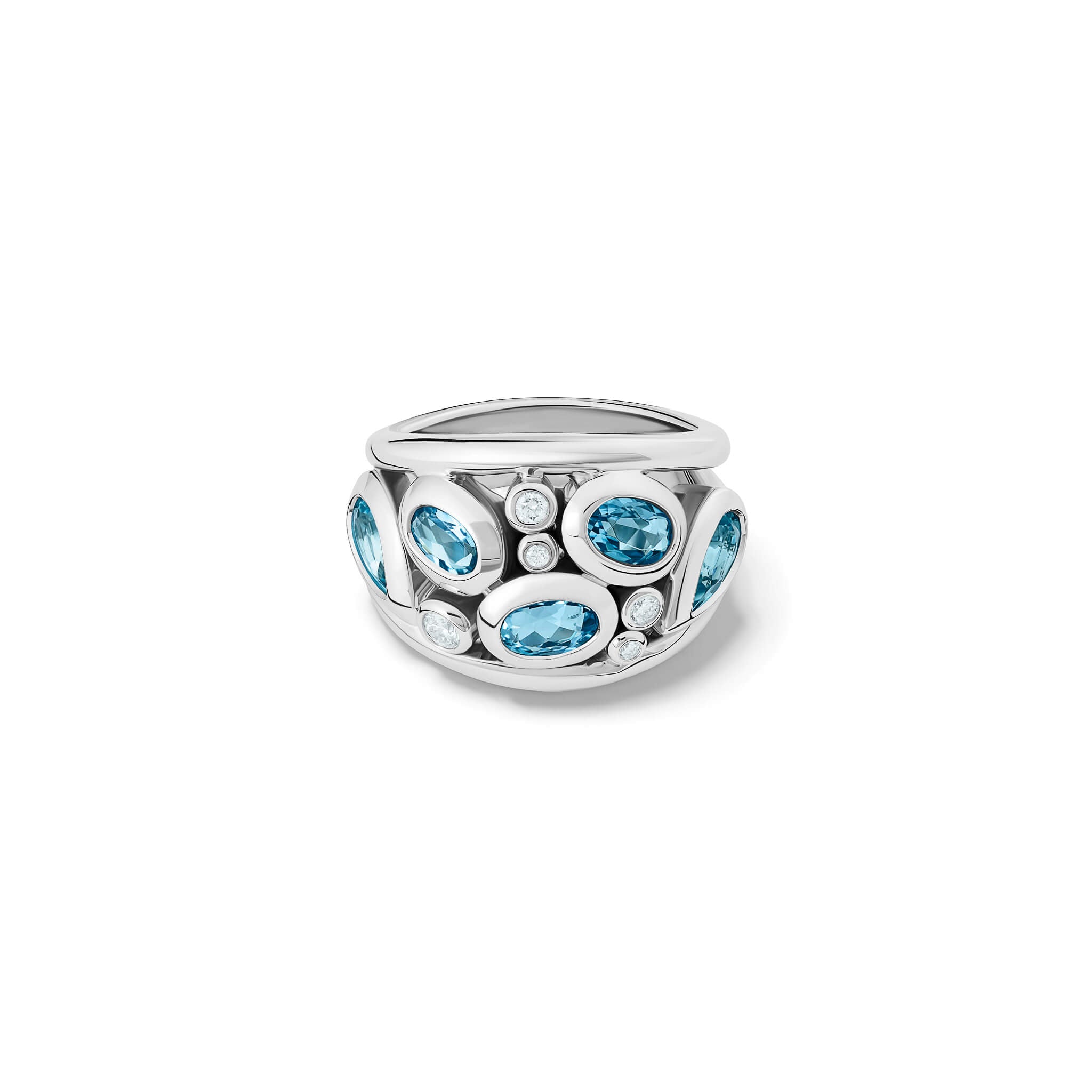 Handcrafted 18ct white gold ring featuring five facetted aquamarines and smaller diamonds.