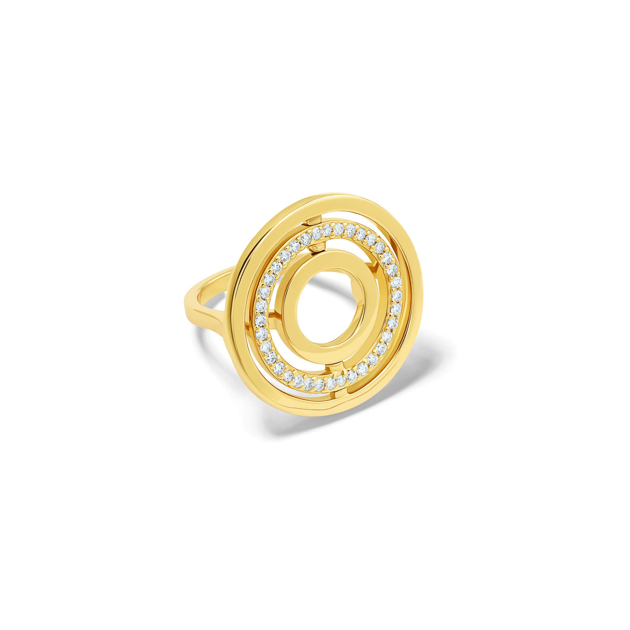 Handcrafted 18ct yellow gold cocktail ring featuring three concentric circles with movement with diamond pavé.