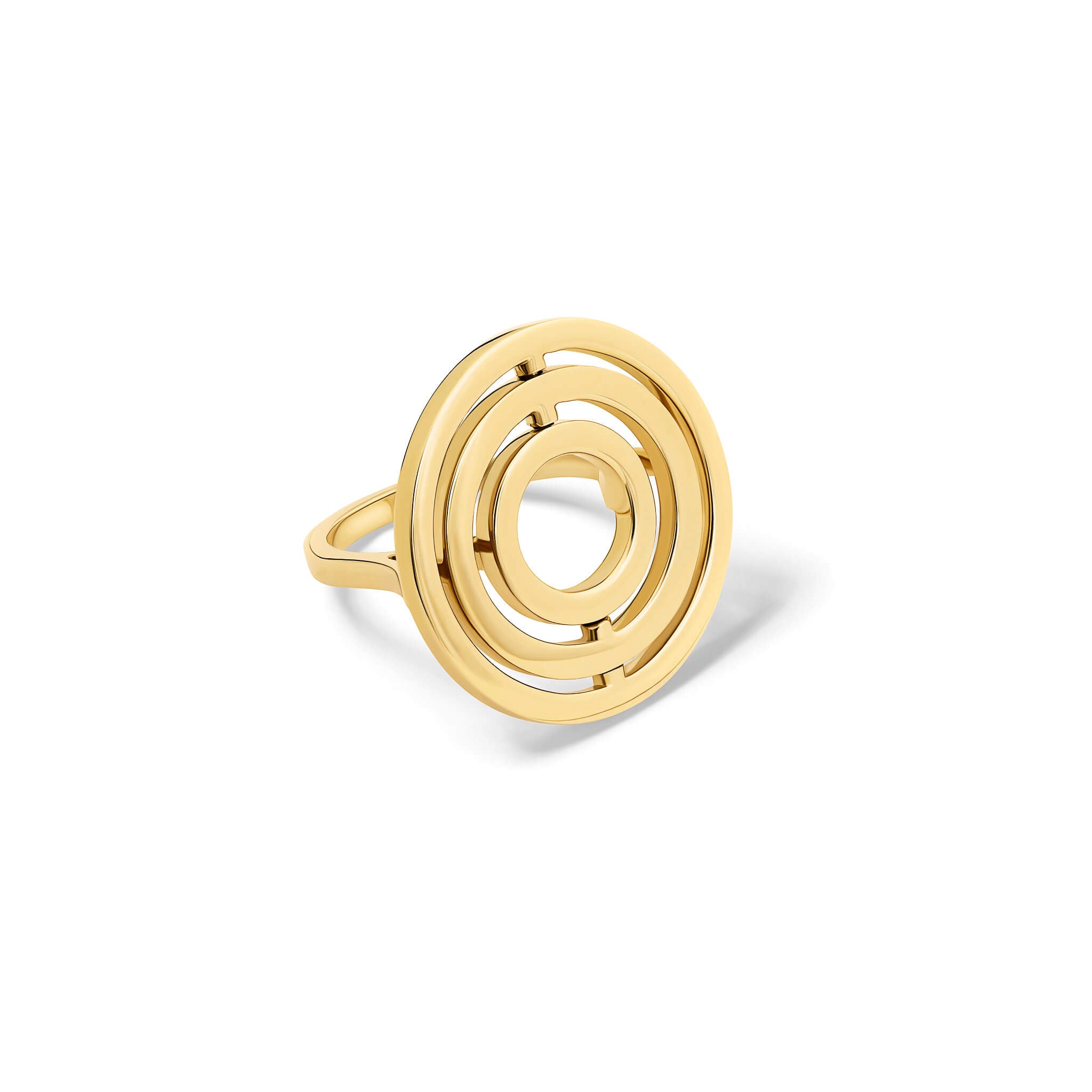 Handcrafted 9ct yellow gold cocktail ring featuring three concentric circles with movement.