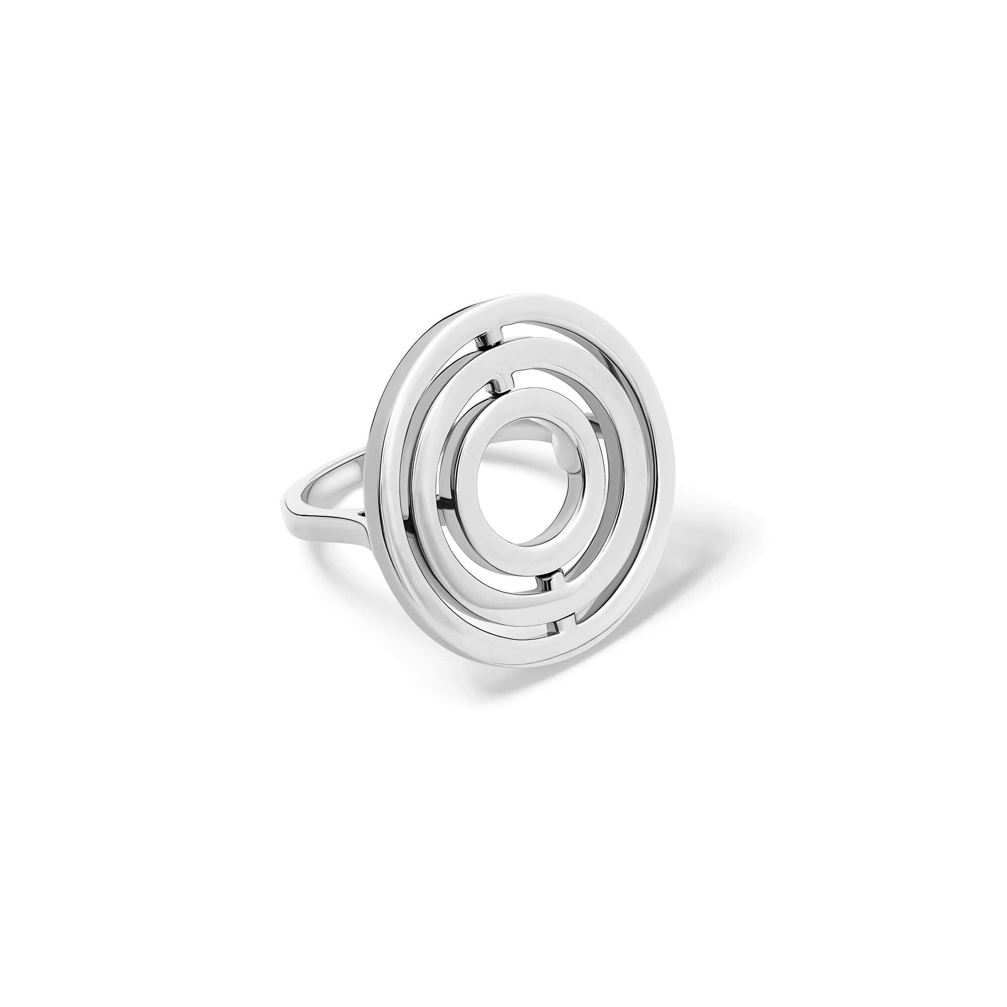Handcrafted sterling silver cocktail ring featuring three concentric circles with movement.