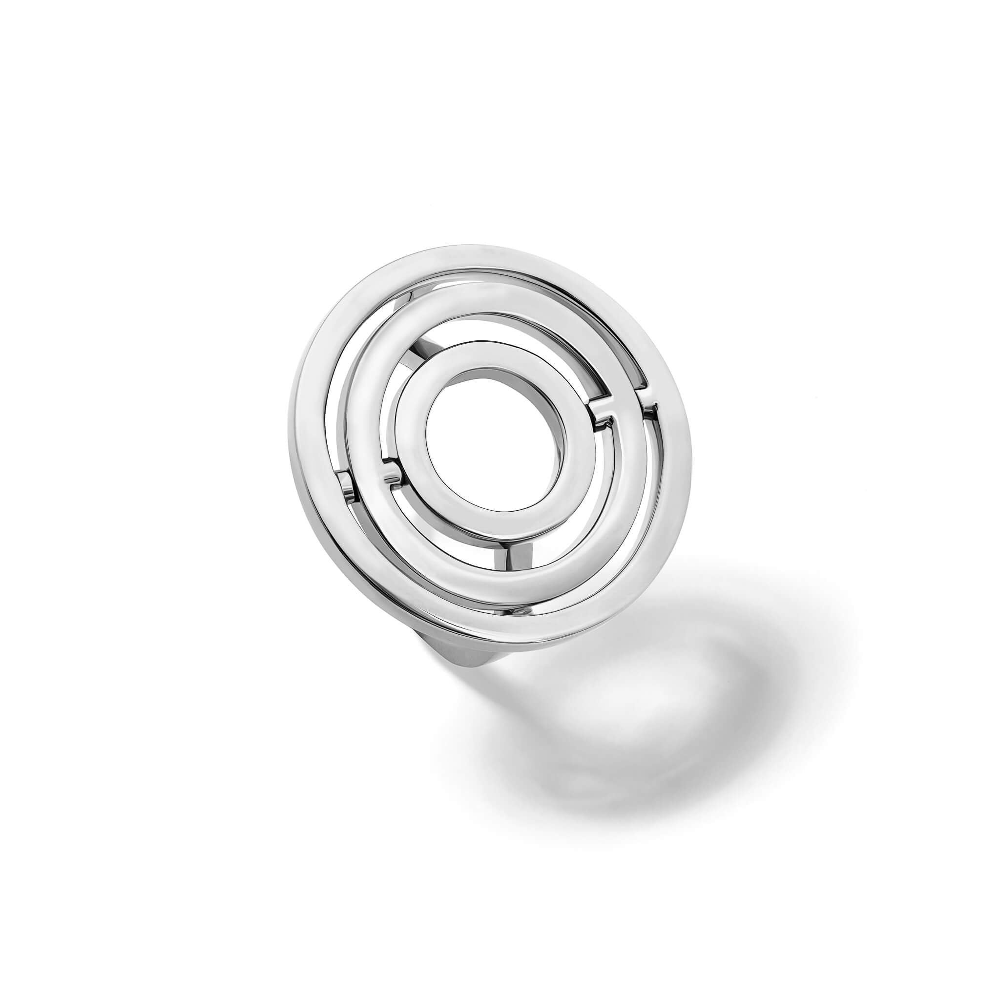 Handcrafted sterling silver cocktail ring featuring three concentric circles with movement.