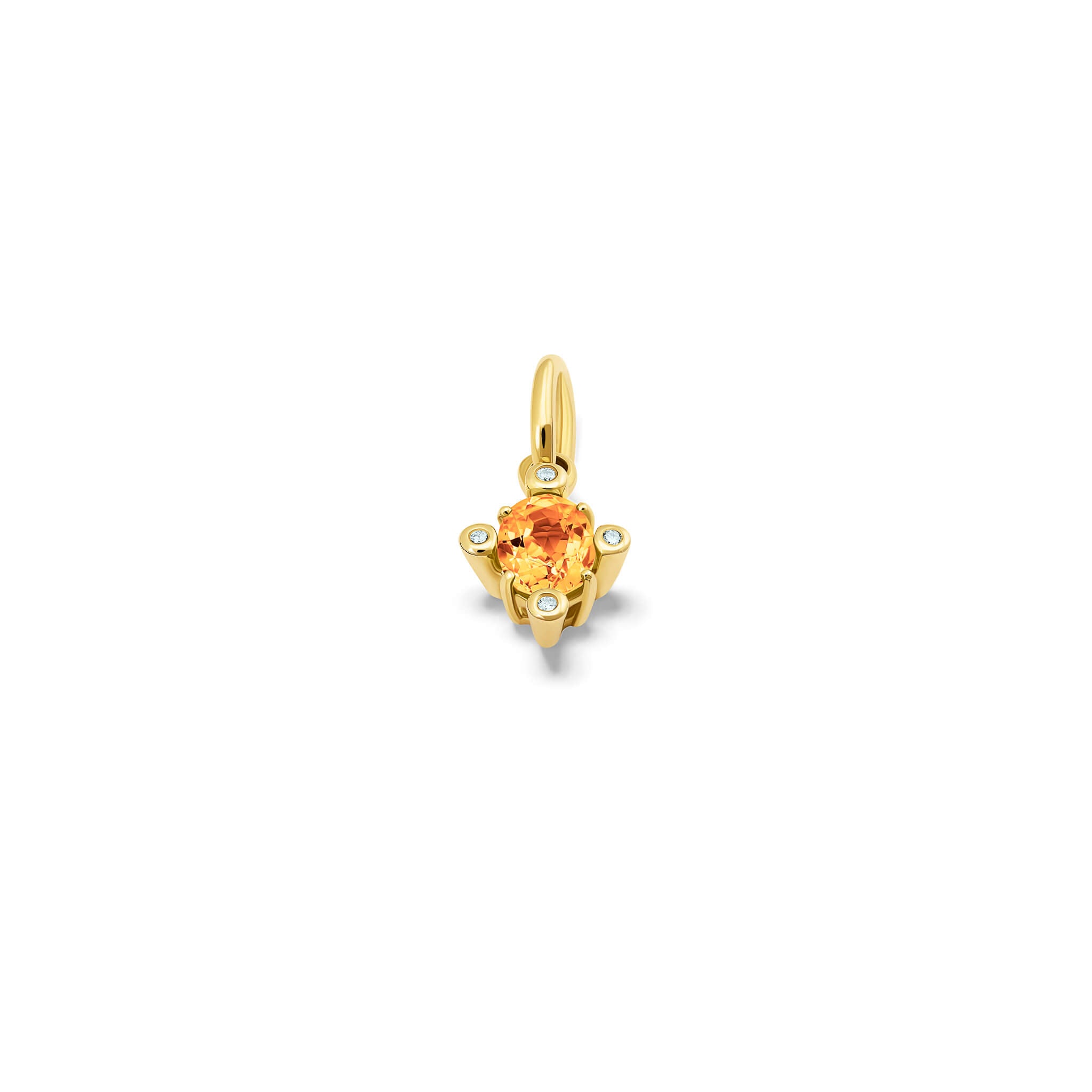 Handcrafted Compass large pendant 9ct yellow gold with citrine set with four diamonds. On gold chain with diamonds.