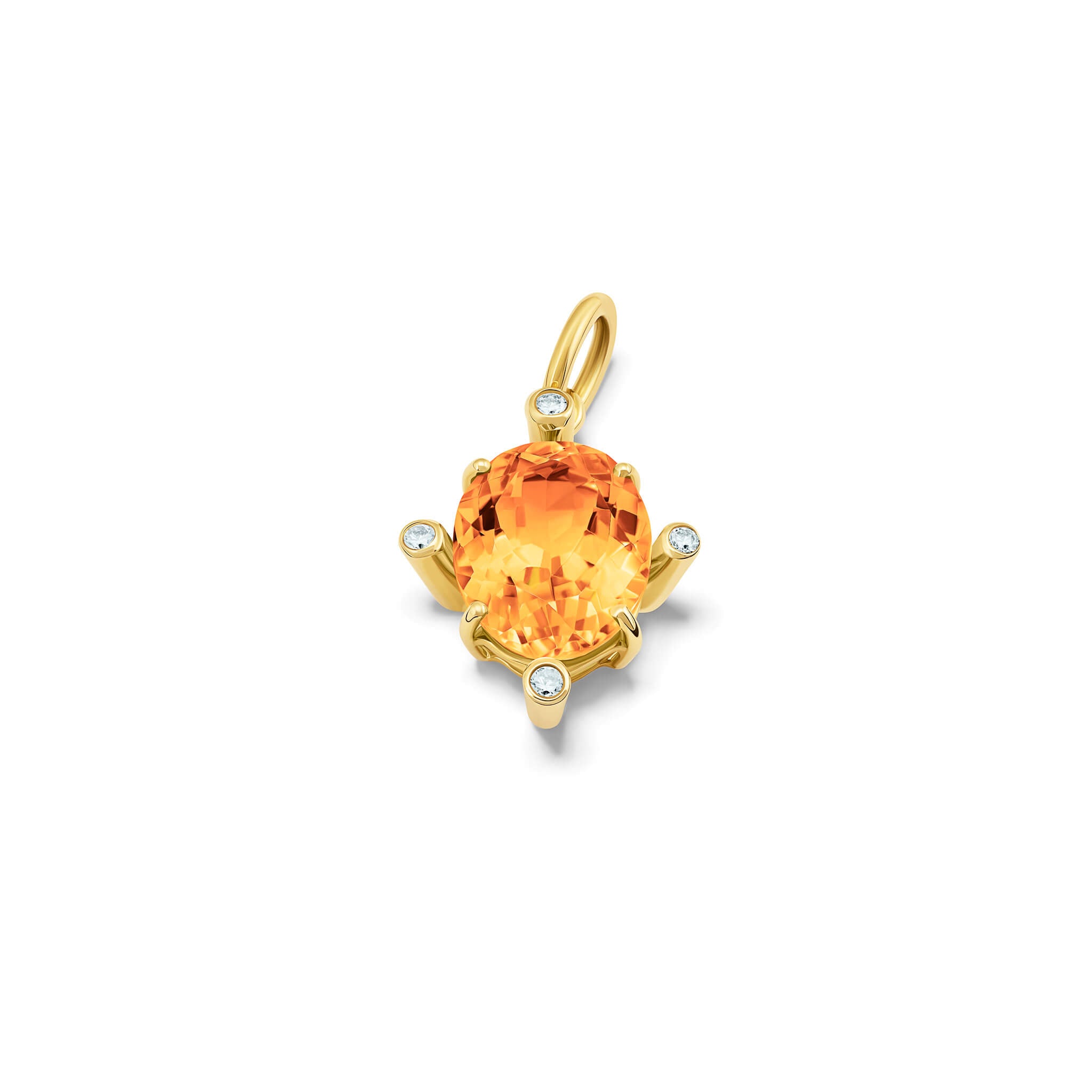 Handcrafted Compass large pendant 9ct yellow gold with citrine set with four diamonds. On gold chain with diamonds.