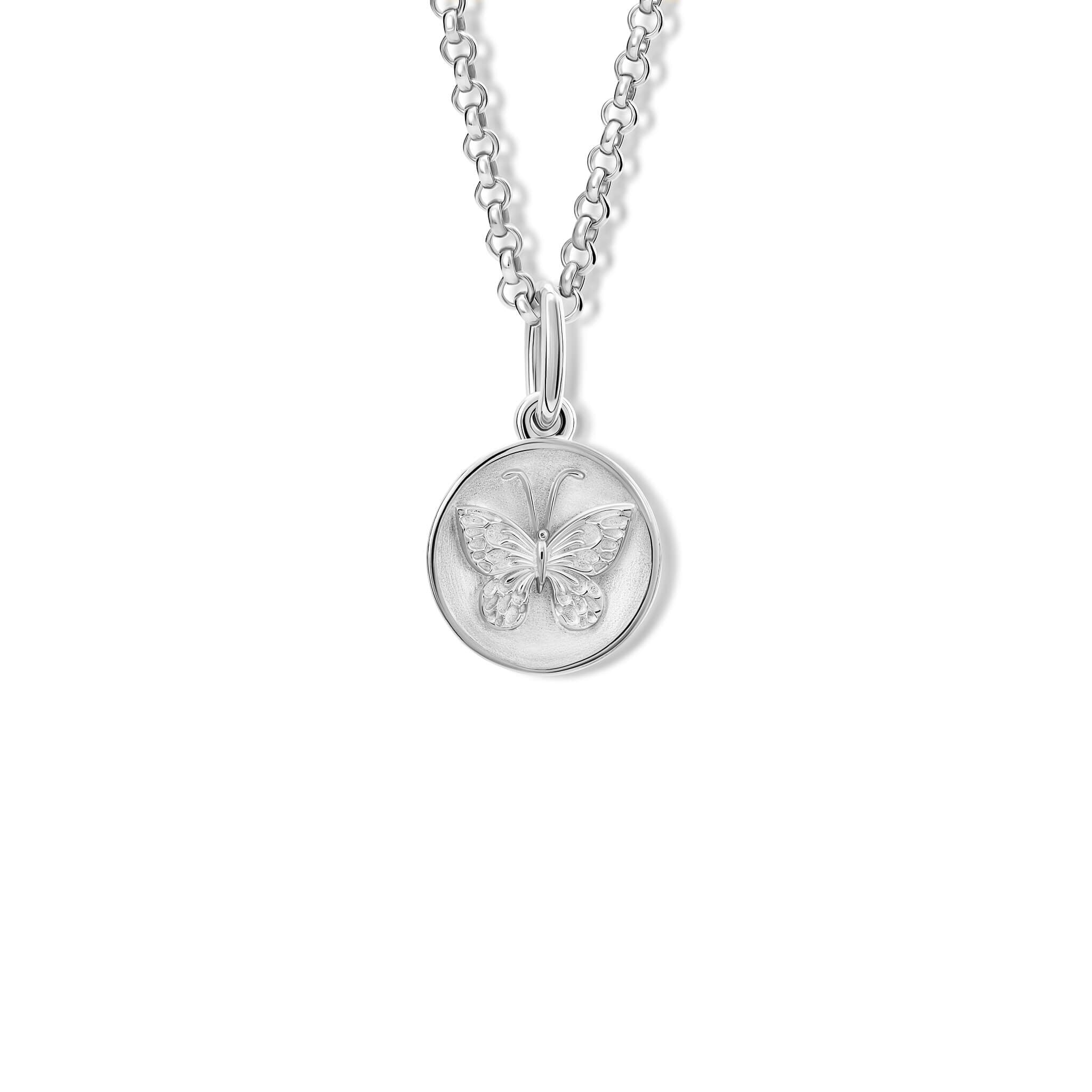 Handcrafted silver necklace pendant with a butterfly 'in relief'