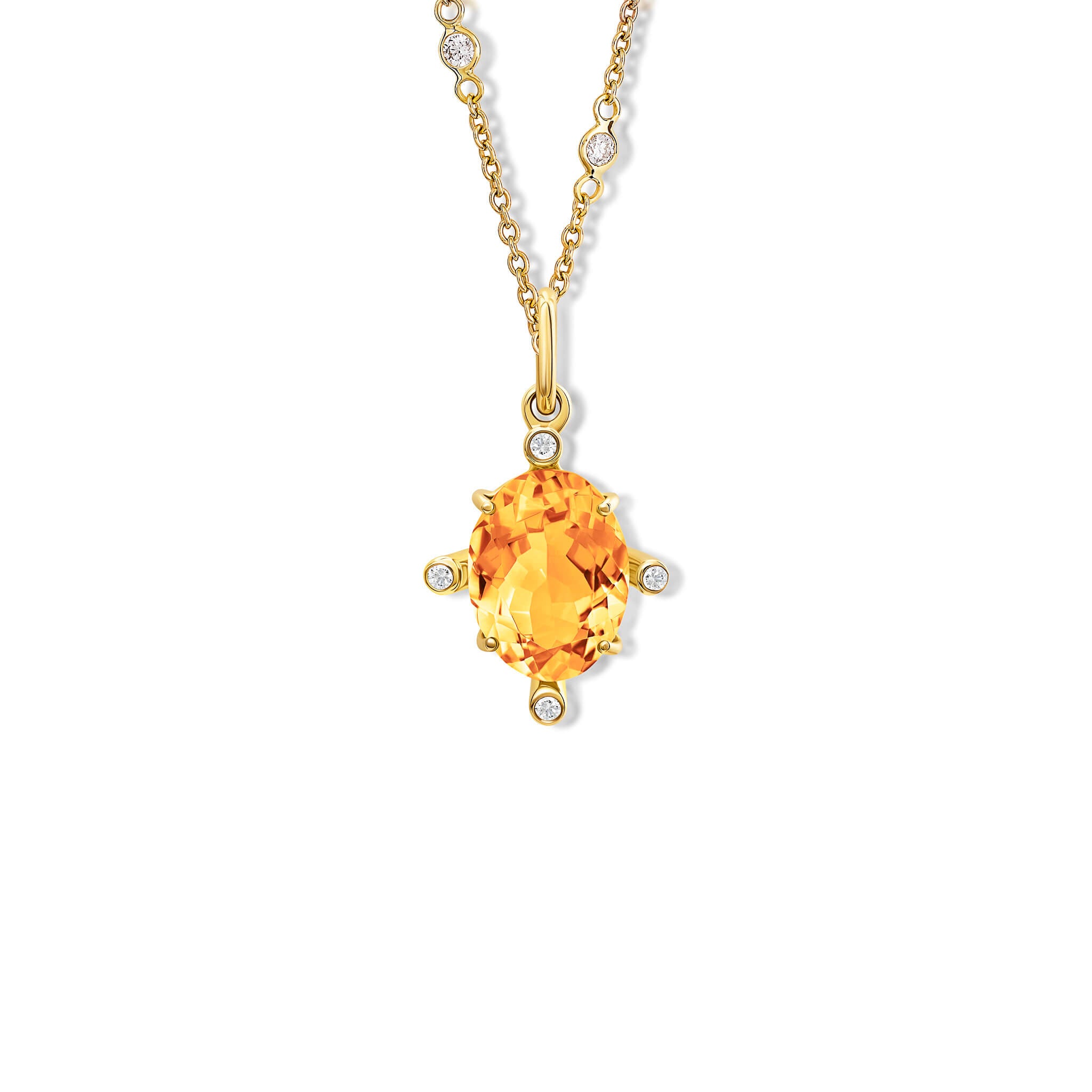 Handcrafted Compass large pendant 9ct yellow gold with citrine set with four diamonds. On gold chain with diamonds.