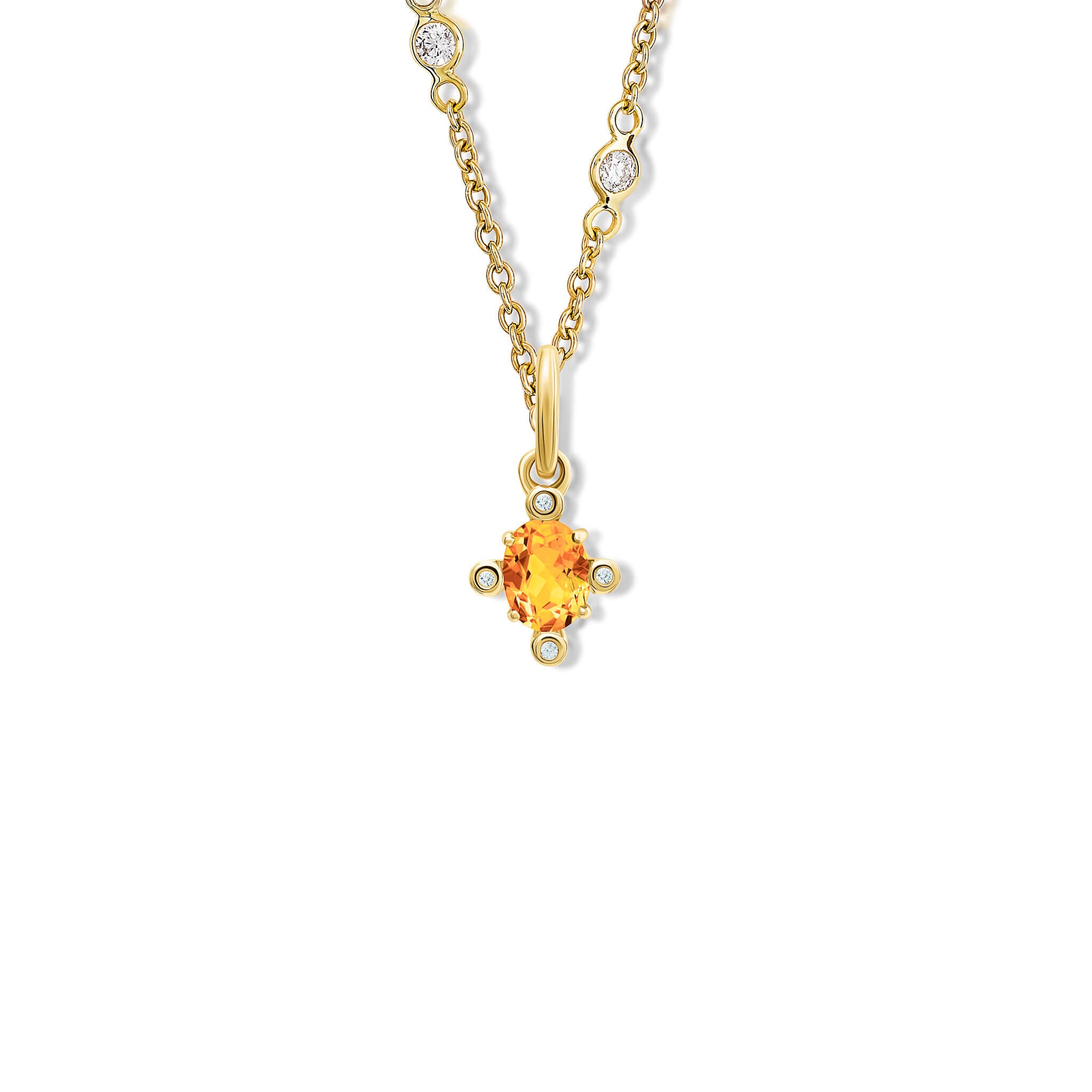 Handcrafted Compass small pendant 9ct yellow gold with citrine set with four diamonds. On gold chain with diamonds.