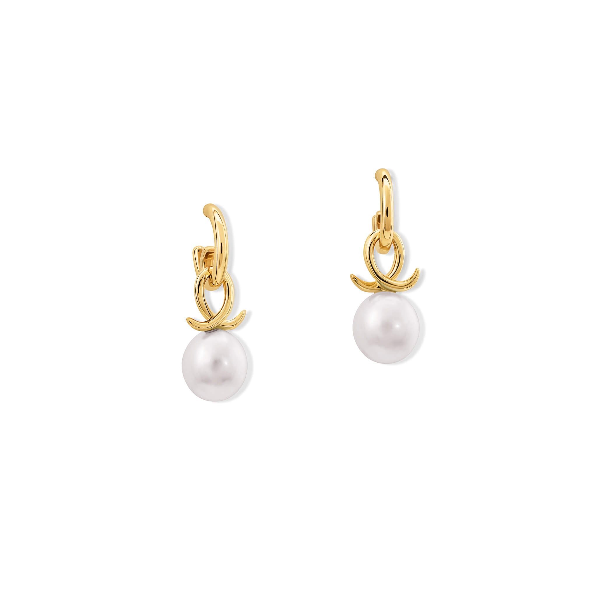 Handcrafted 9ct yellow gold earring drops with pearl and an oval loop shape crossing over.