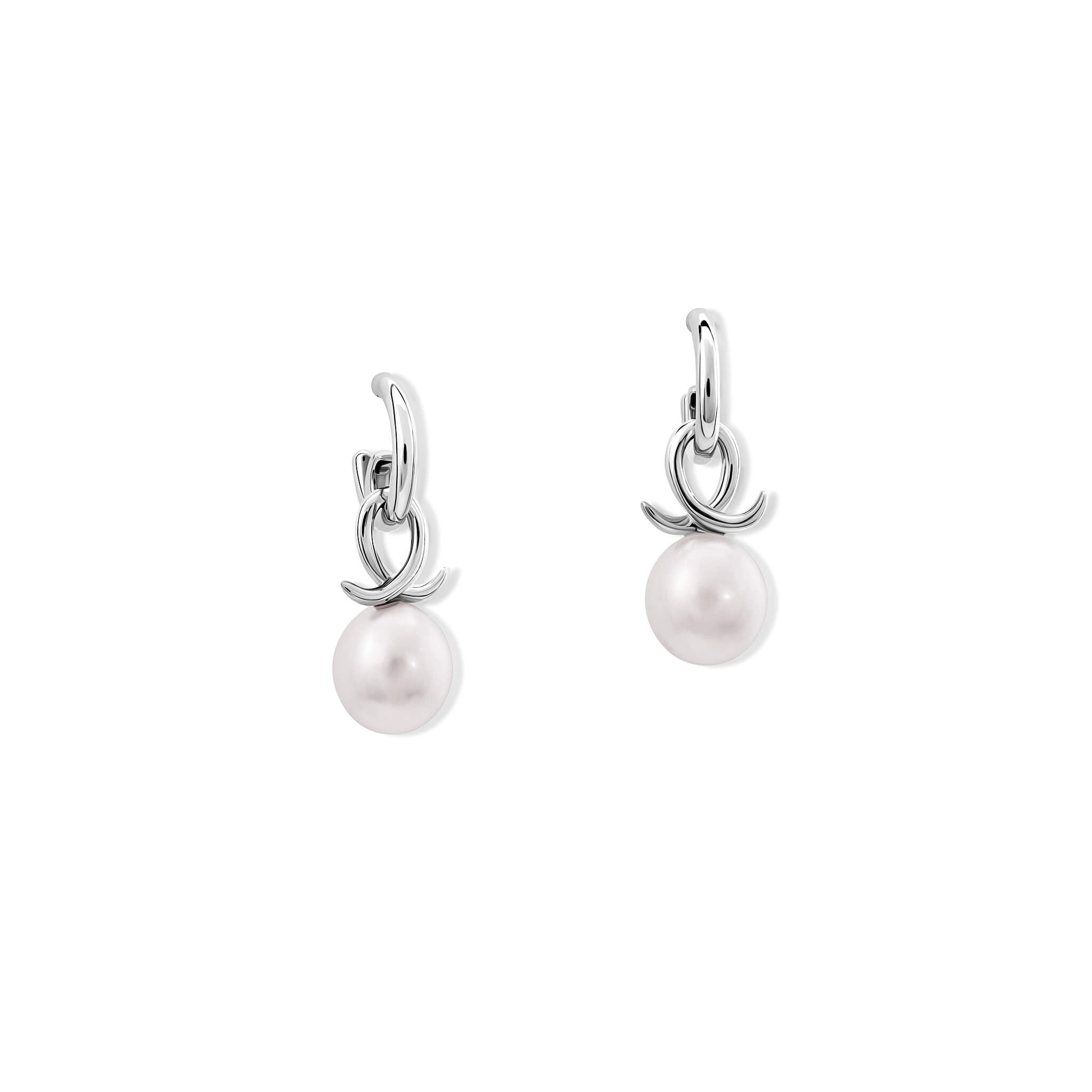 Handcrafted silver earring drops with round pearl and an oval loop shape crossing over.