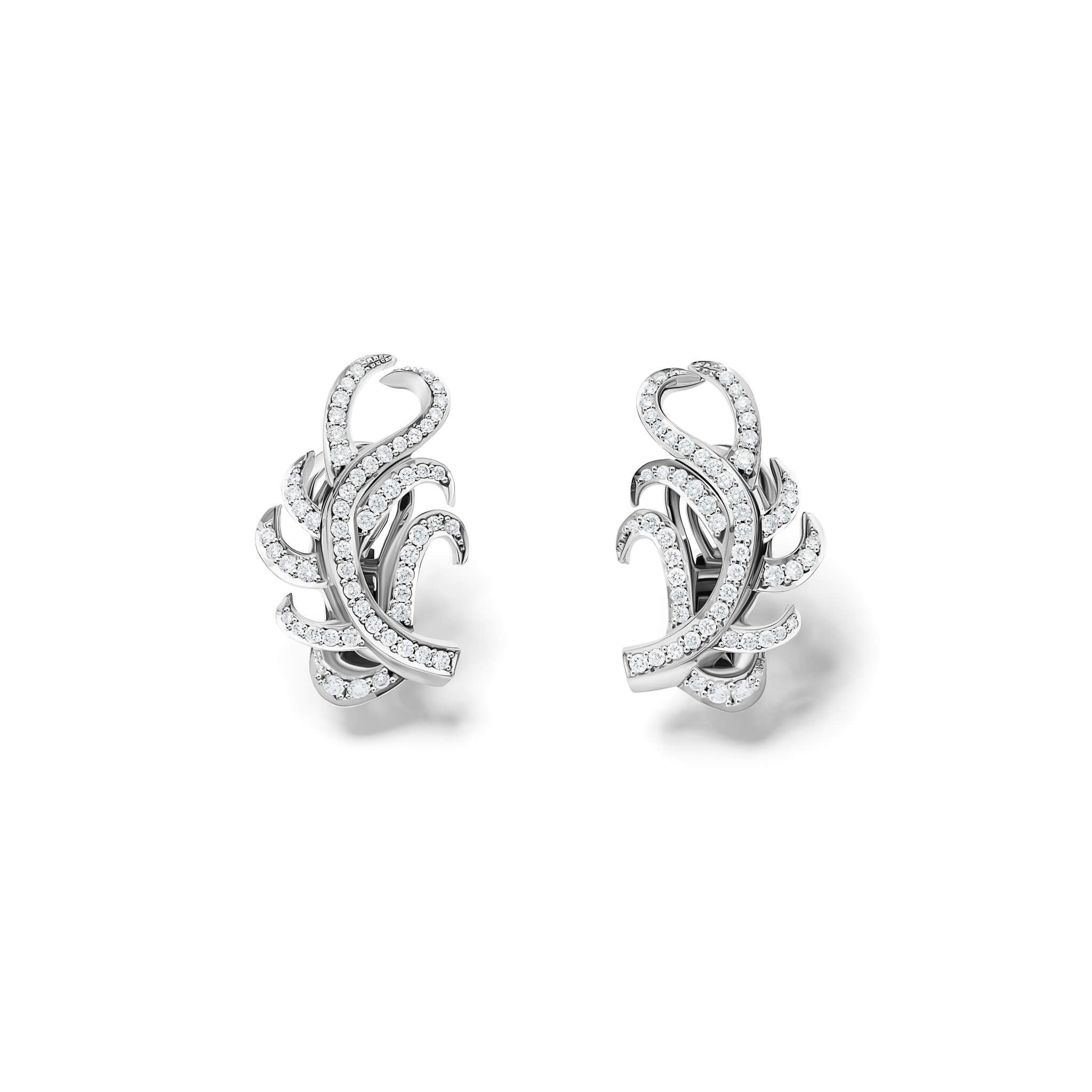 Handcrafted earrings in the shape of a feather plume in 18ct white gold with diamond pavé.