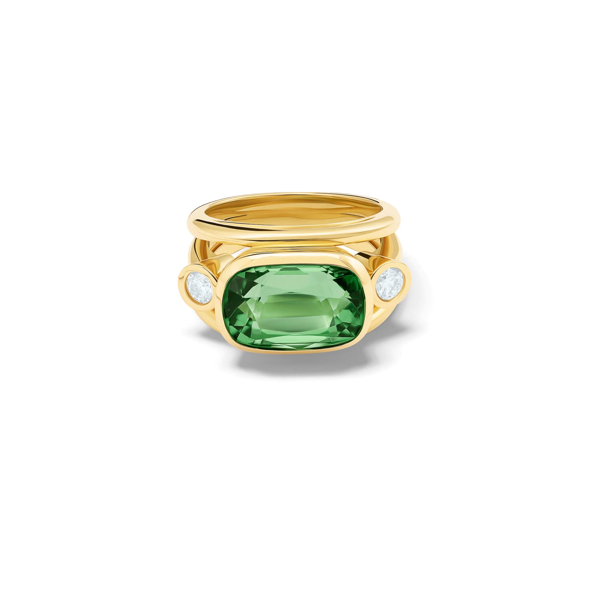 Handcrafted 18ct yellow gold ring with a central green tourmaline, the birthstone of October, flanked by two round diamonds.