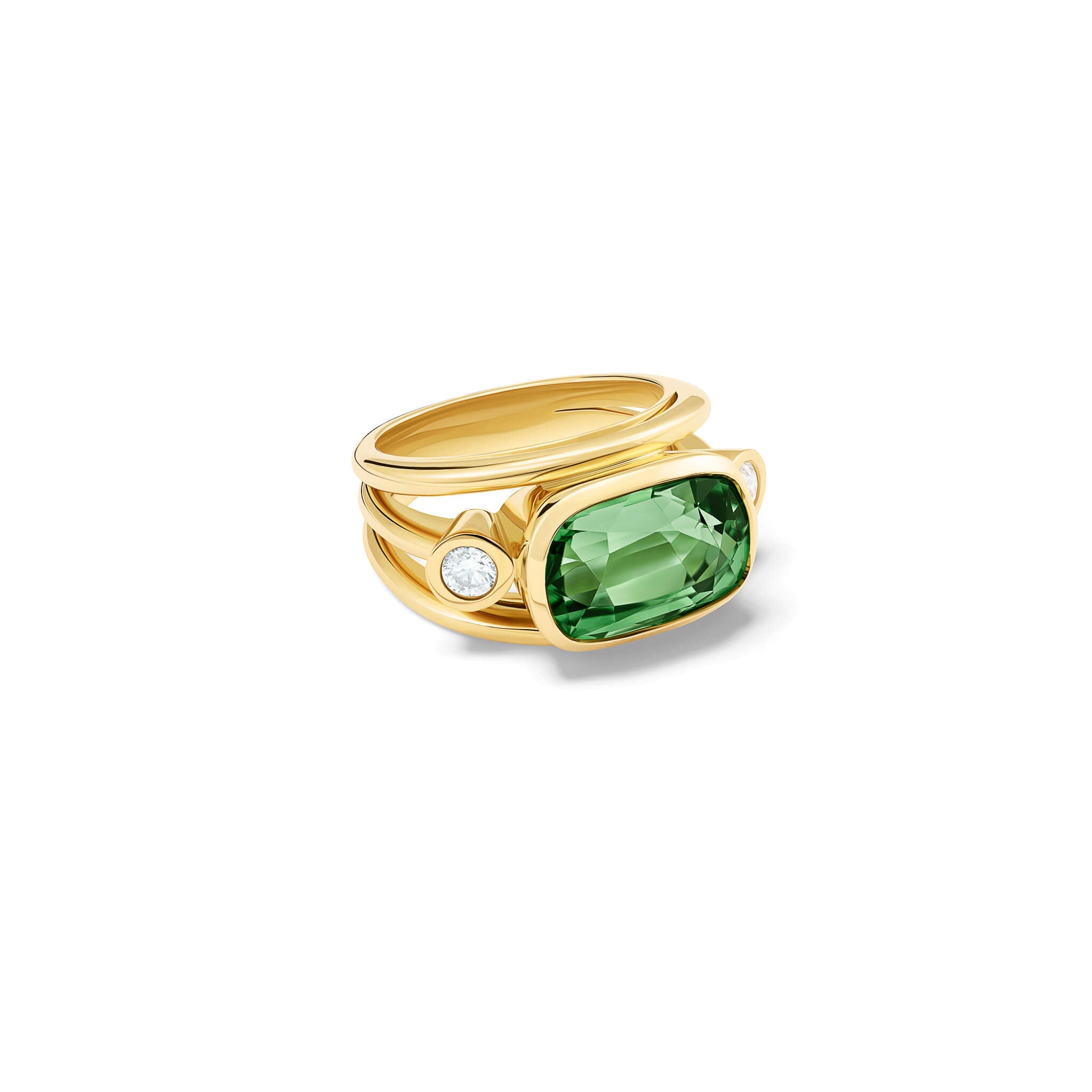 Handcrafted 18ct yellow gold ring with a central green tourmaline, the birthstone of October, flanked by two round diamonds.
