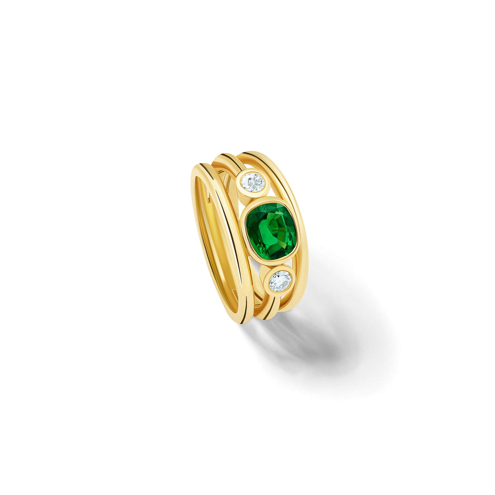 Handcrafted 18ct yellow gold ring with 3 gold bands set with a cushion cut Tsavorite garnet in the centre with a diamond set on either side.