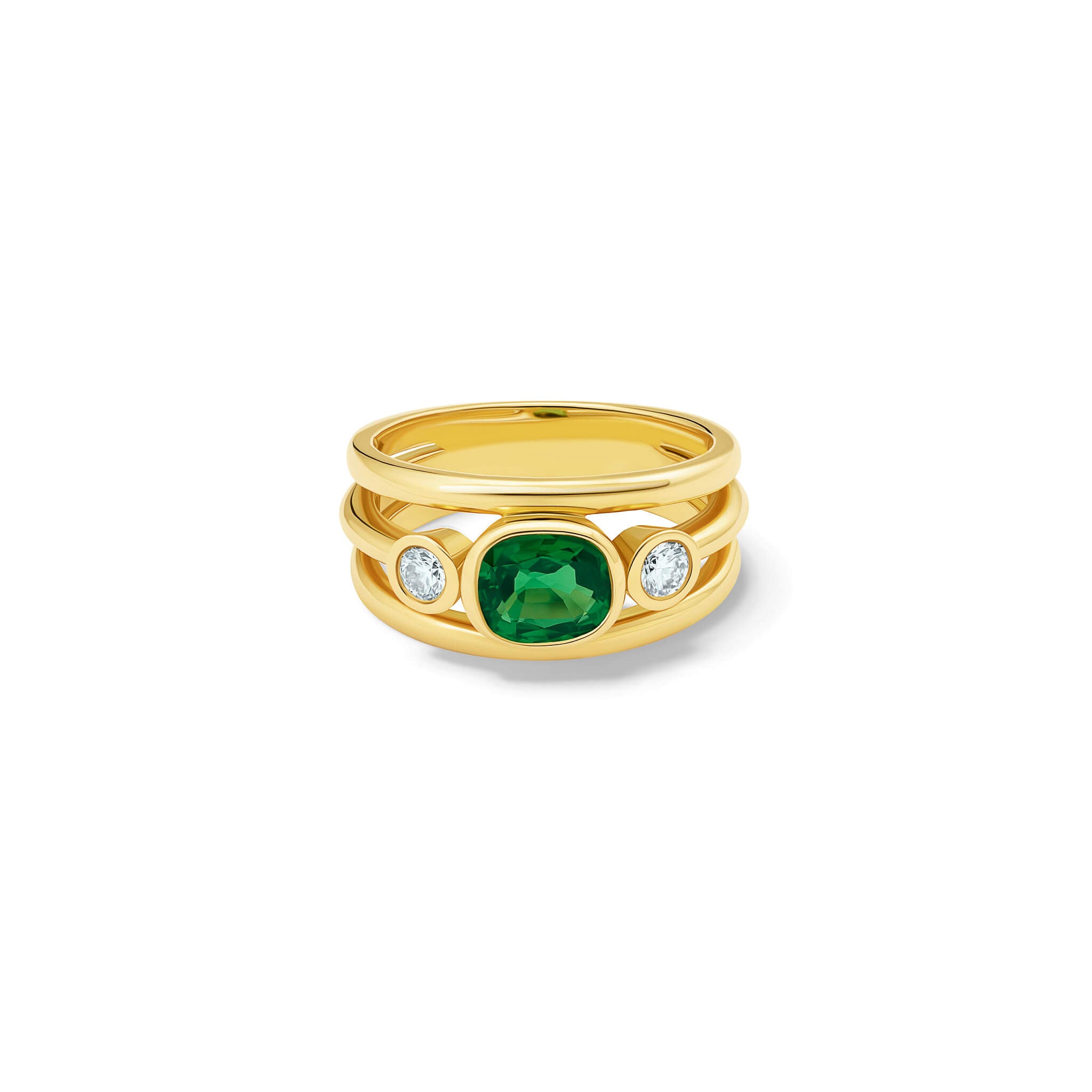 Handcrafted 18ct yellow gold ring with 3 gold bands set with a cushion cut Tsavorite garnet in the centre with a diamond set on either side.