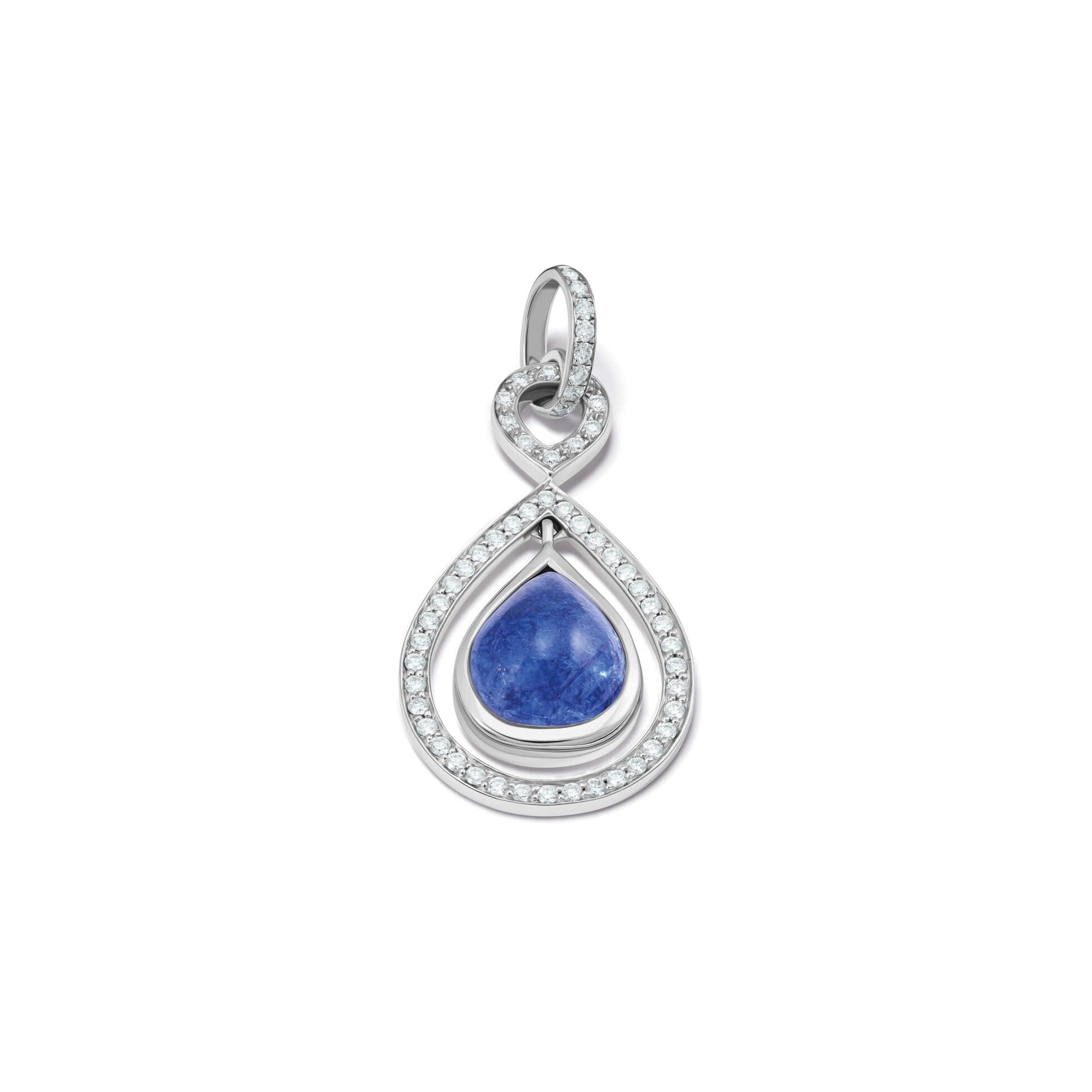 Handcrafted 18ct white gold pendant featuring a pear shape cabochon tanzanite gemstone with diamonds, inspired by Japanese elegance, birthstone of December.