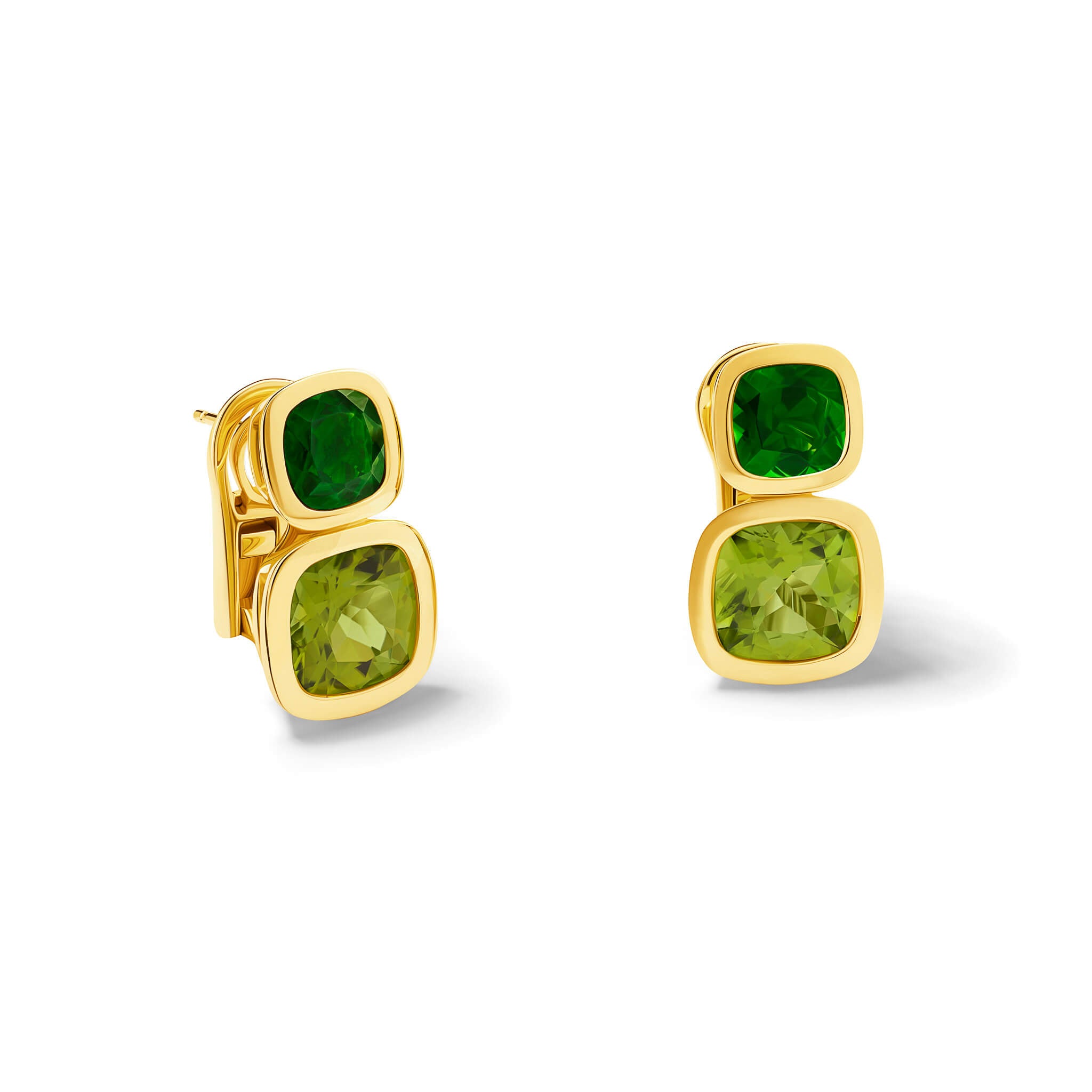Handcrafted 18ct yellow gold square shaped earrings featuring chrome diopside and peridot gemstones.