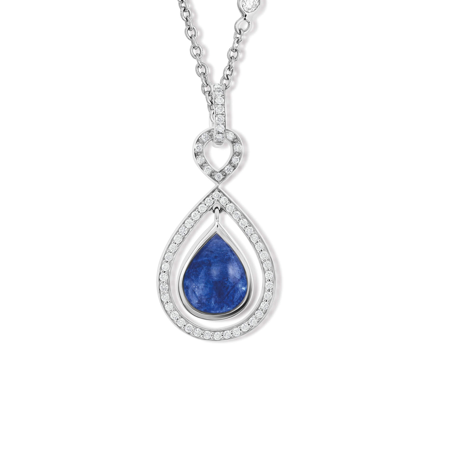 Handcrafted 18ct white gold pendant featuring a pear shape cabochon tanzanite gemstone with diamonds, inspired by Japanese elegance, birthstone of December.