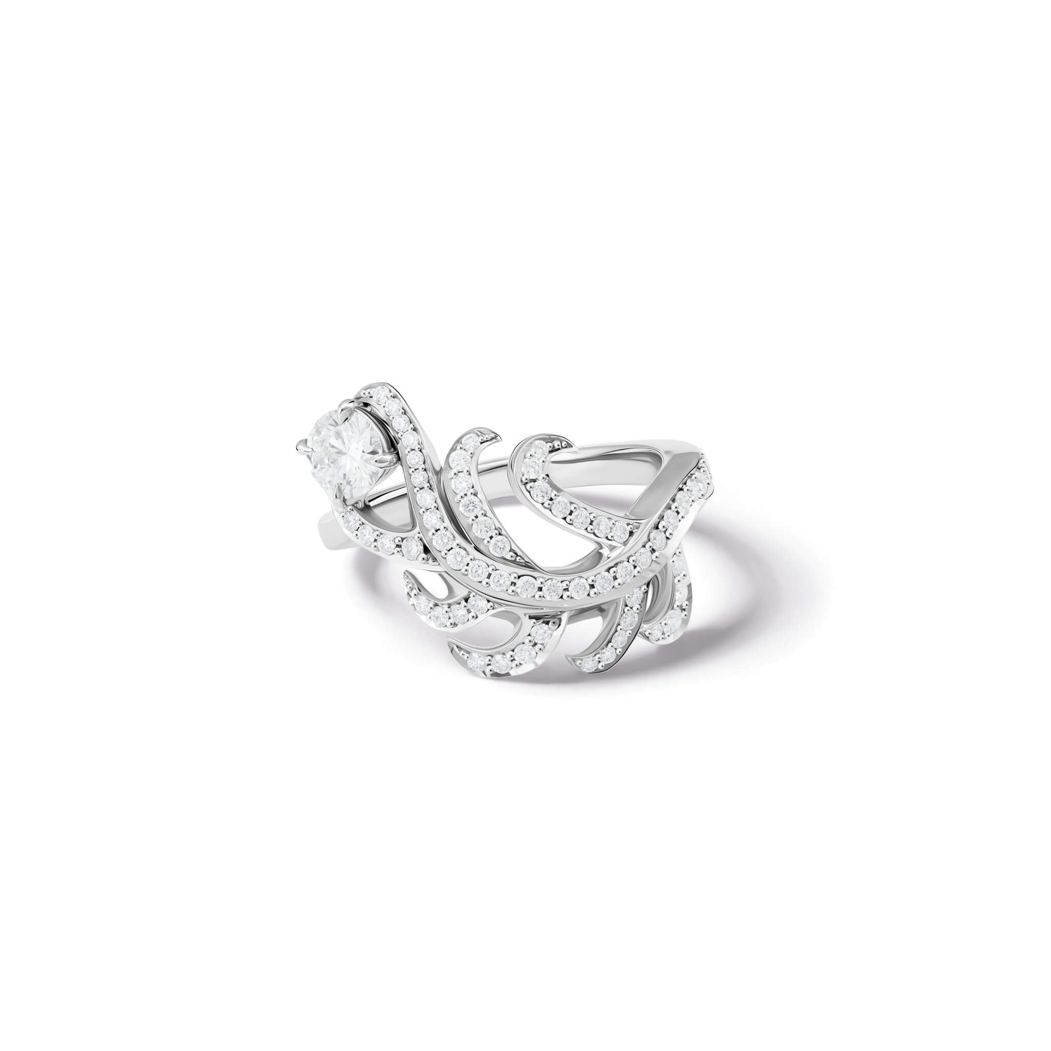 Handcrafted ring in the shape of a feather plume in 18ct white gold with diamond pavé and a central round diamond. 