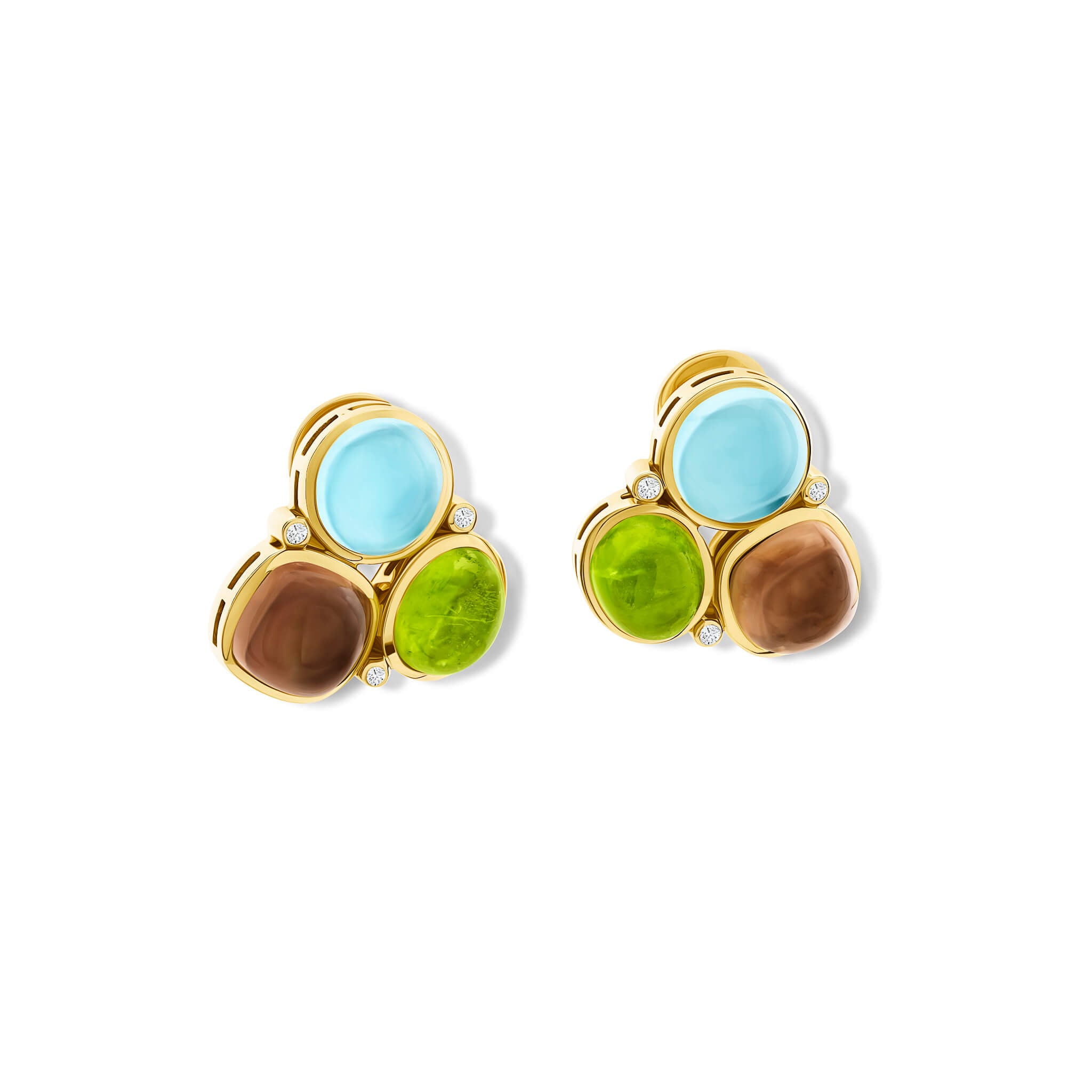 fuscata earrings in 18ct yellow gold with  cabochon peridot, smoky quartz, blue topaz and diamond by Cassandra Goad, Japan inspired