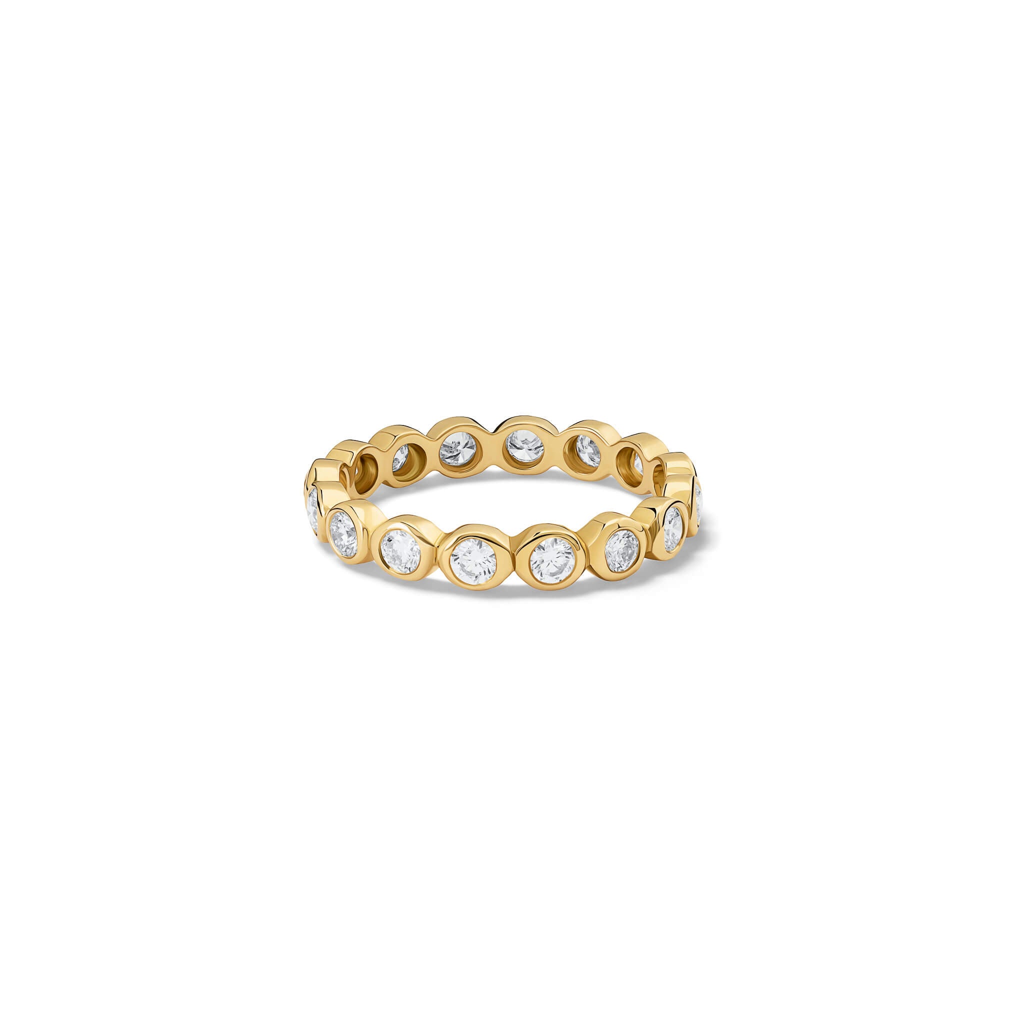 Handcrafted full eternity ring in 18ct yellow gold with rub over set round diamonds.