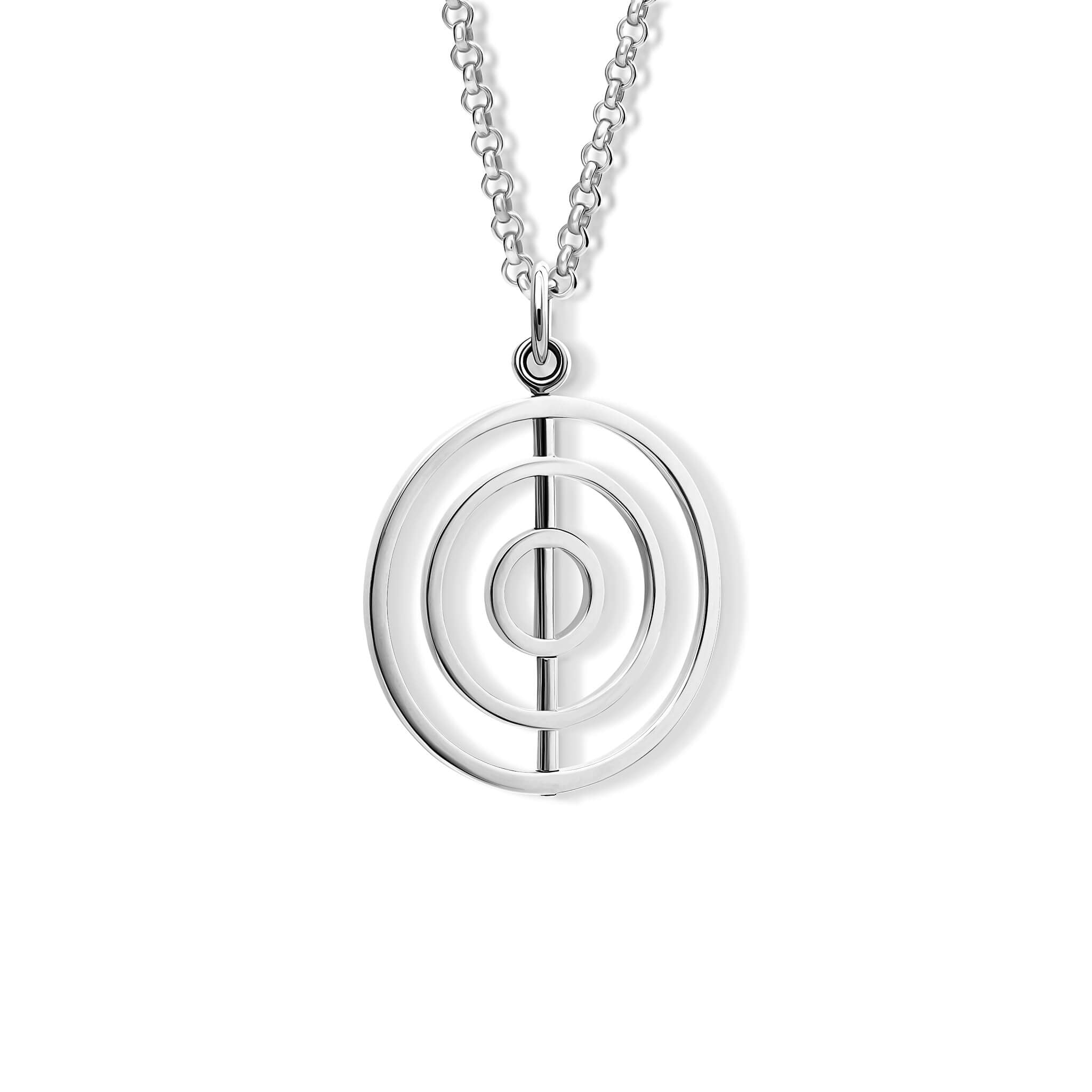 Handcrafted Gyroskop pendant in silver, the circles of the Gyroskop design spin around the central axis of the pendant.